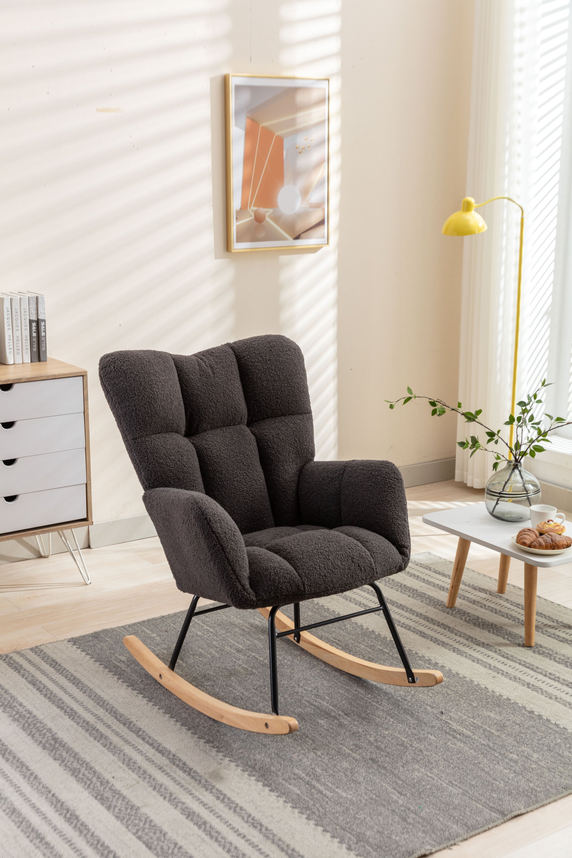 050-Teddy Fabric Rocking Gilder Nursery Chair For Living Room Indoor,Dark Gray