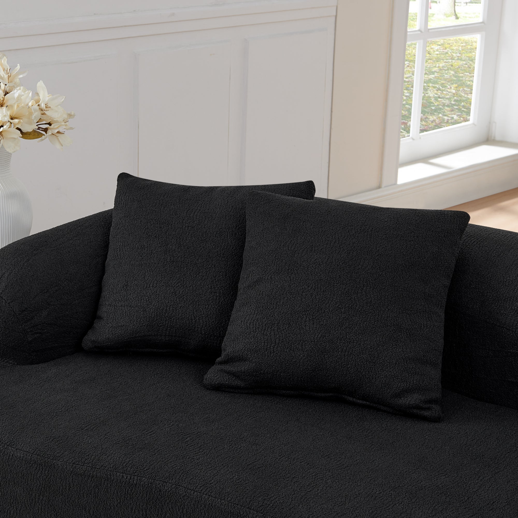 Curved Modular Sectional Sofa in Lamb's Wool Fabric, Modern Minimalist Style, Compressed (No Assembly Required), Comfy for Living Room & Bedroom - Black