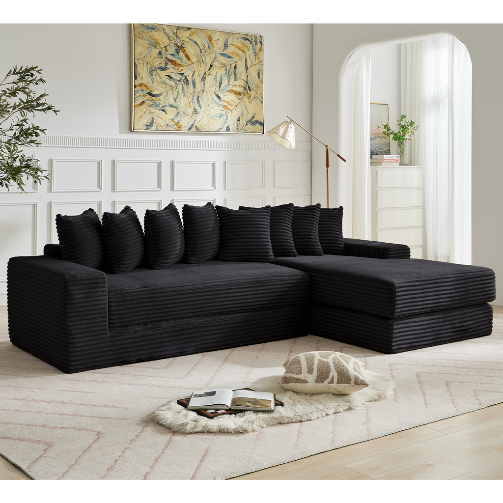 [NEW ARRIVED] [VIDEO PROVIDED] Oversize Cloud Sectional Couch, L-Shape Sofa, Convertible Floor Sleeper Sofa Bed, No Assembly,Eight pillows,3-in-1,Magazine bag,(Right Facing Sofa),3 Seat,Corduroy,Black