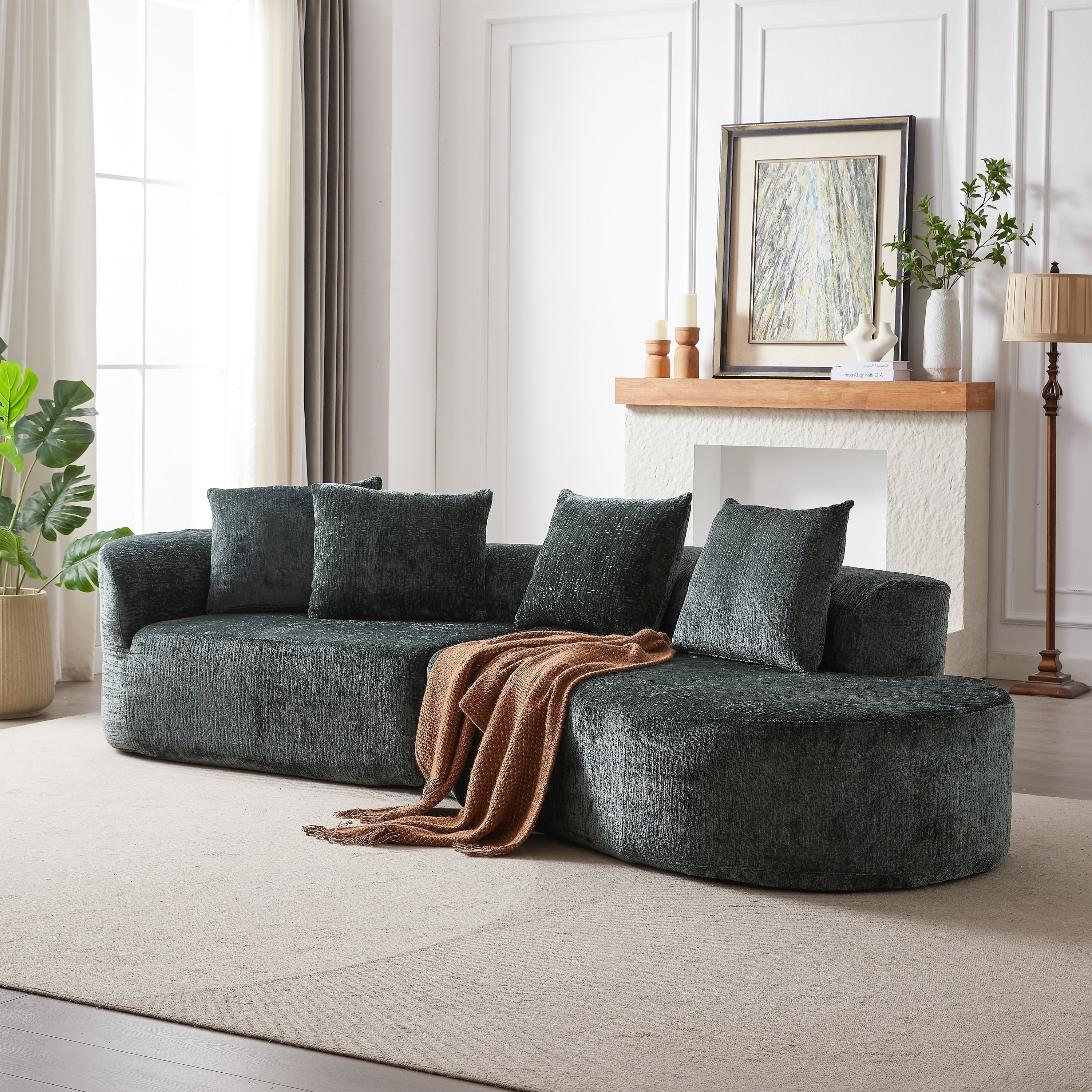 Modern Upholstered Oversized Sectional Sofa, 114-Inch Chenille 4-Seater Extra Deep & Wide Seat Curved Cloud Couch with 4 Throw Pillows, Free Combination Sofa Couch for Living Room,Bedroom