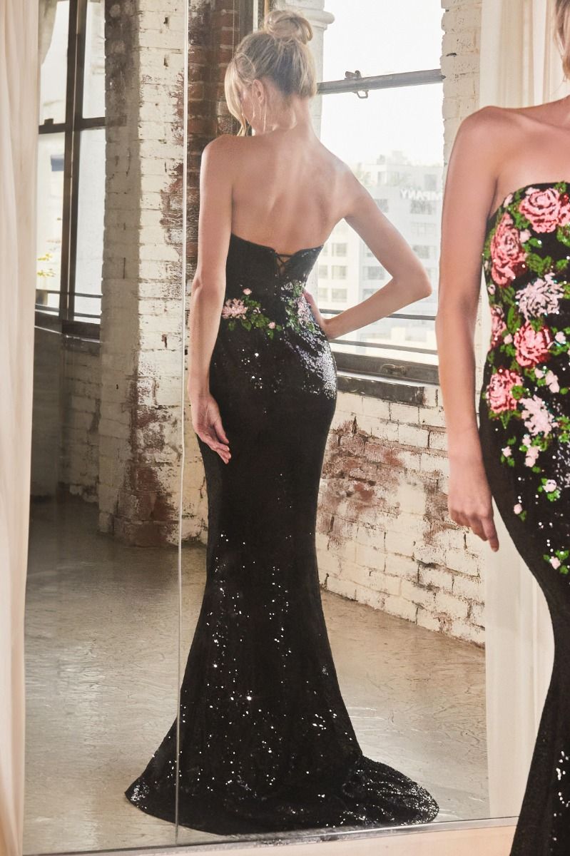 STRAPLESS FLORAL PATTERNED SEQUIN DRESS CDCD811
