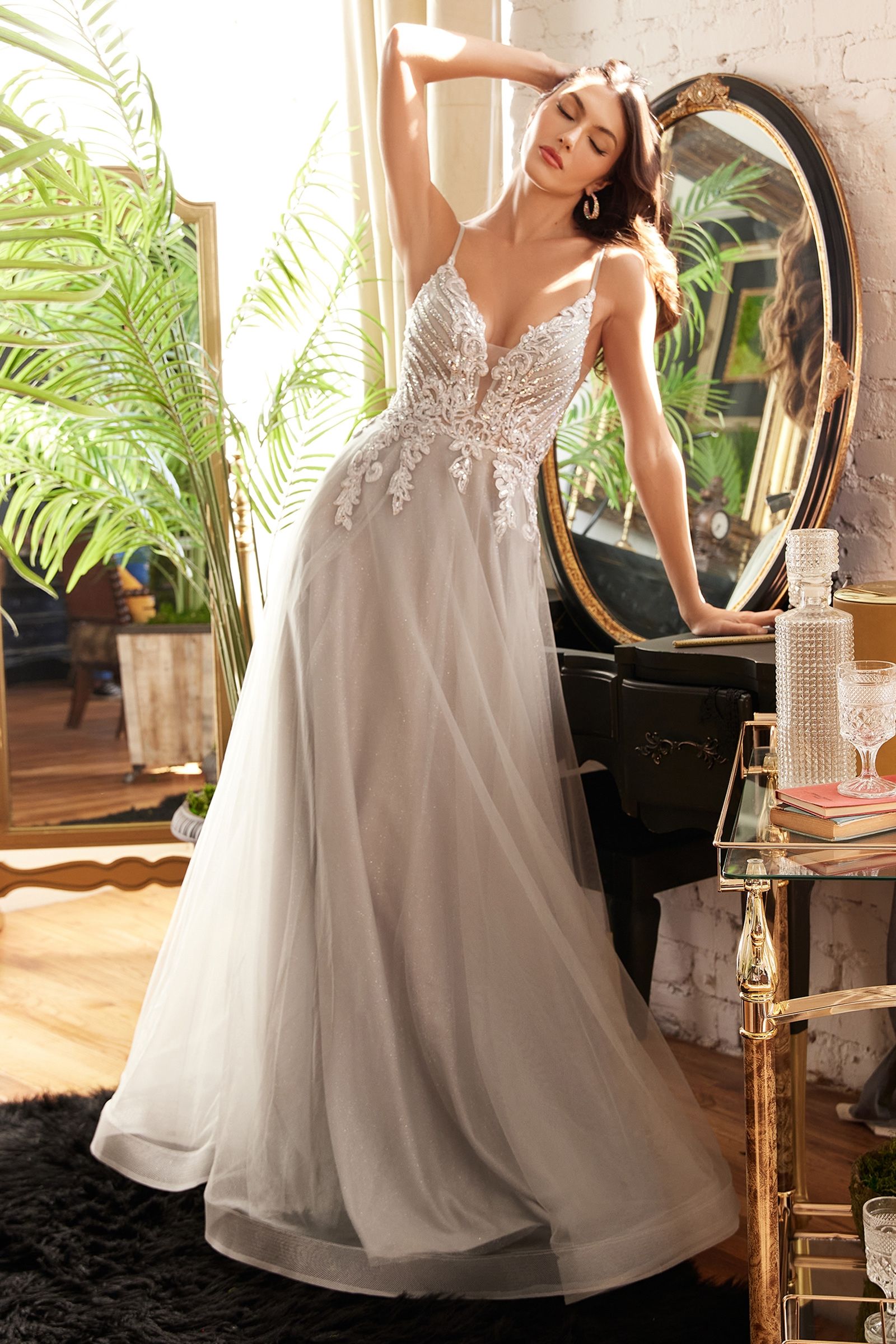 Black |  Blush Pink Glitter Tulle Ball Gown with Spaghetti Straps CDCD874