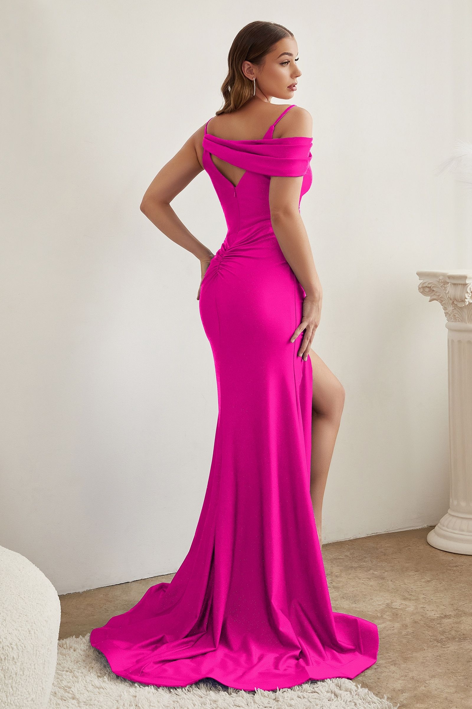 Assymetrical V-neck Glittery Bodice Stretch Satin Long Prom Dress CDCD881
