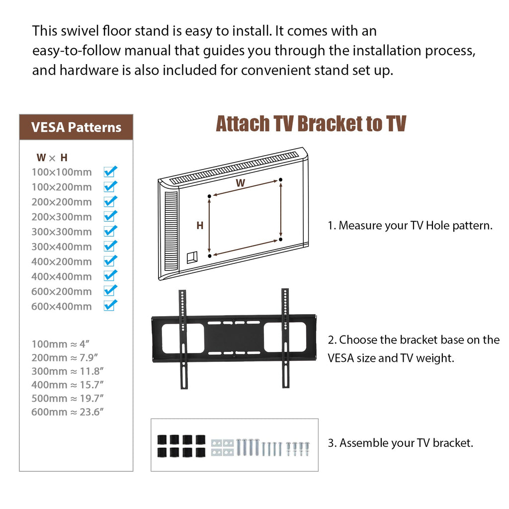 Wooden Storage TV Stand Black Tempered Glass Height Adjustable Universal Swivel Entertainment Center With Mount TV Stand, Rustic Browm