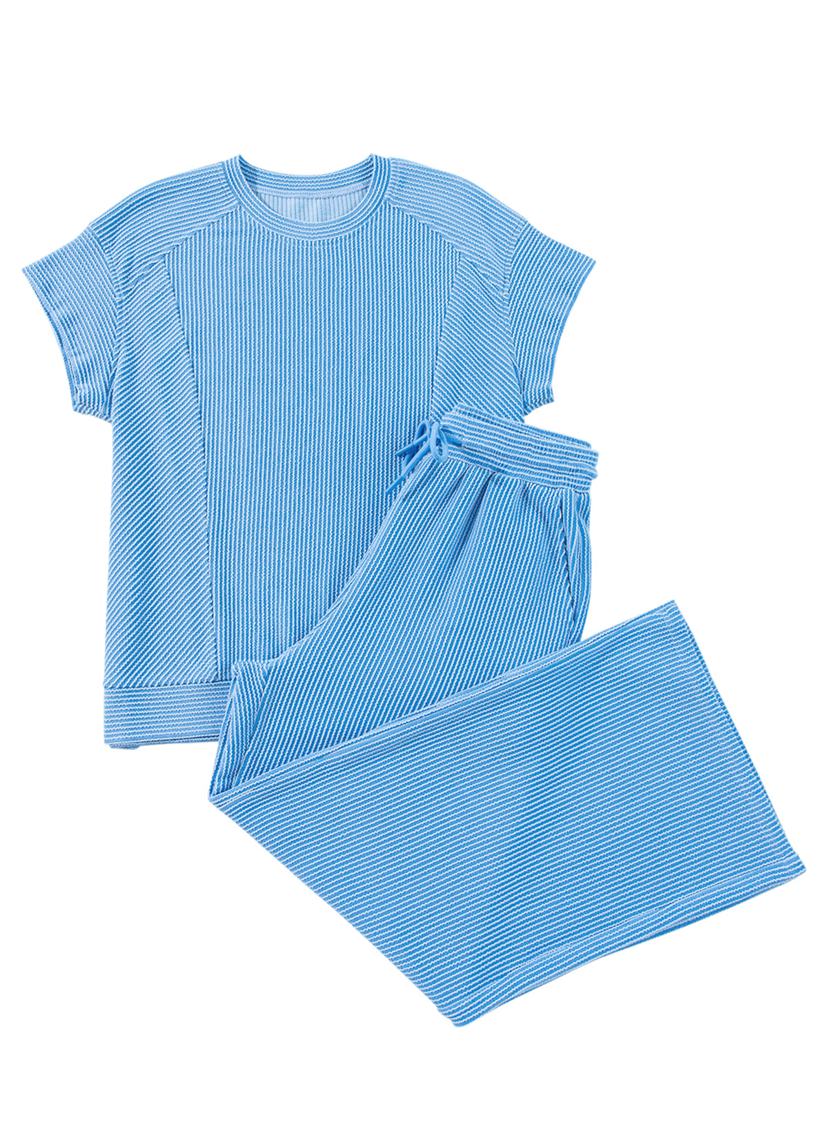 Wild Wind Solid Corded Short Sleeve Shirt and Wide Leg Pants Set