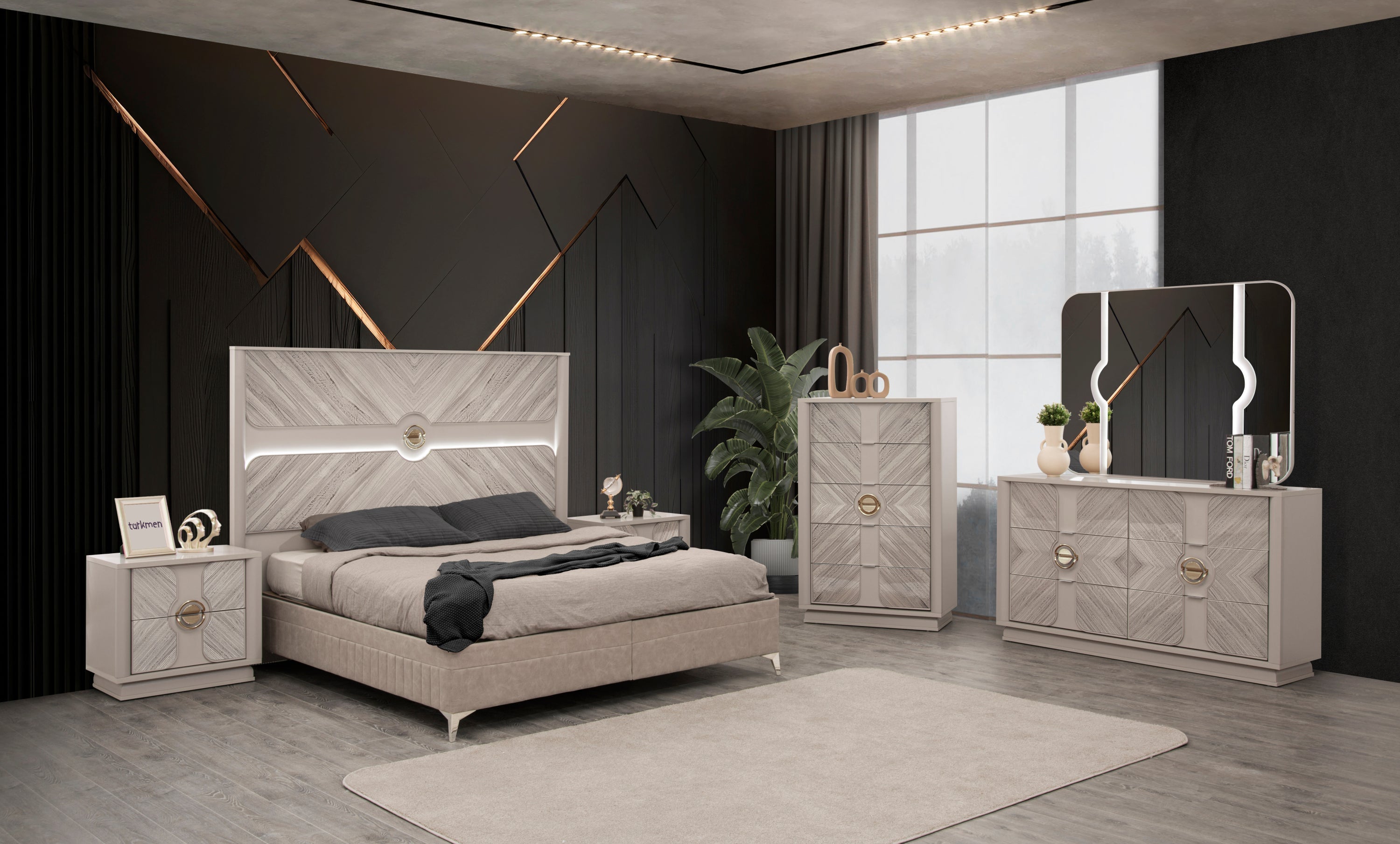 Eternity Traditional Style 5 Pc King Bedroom Set Made with Wood and Gold Accents in Beige(NJ INVENTORY)