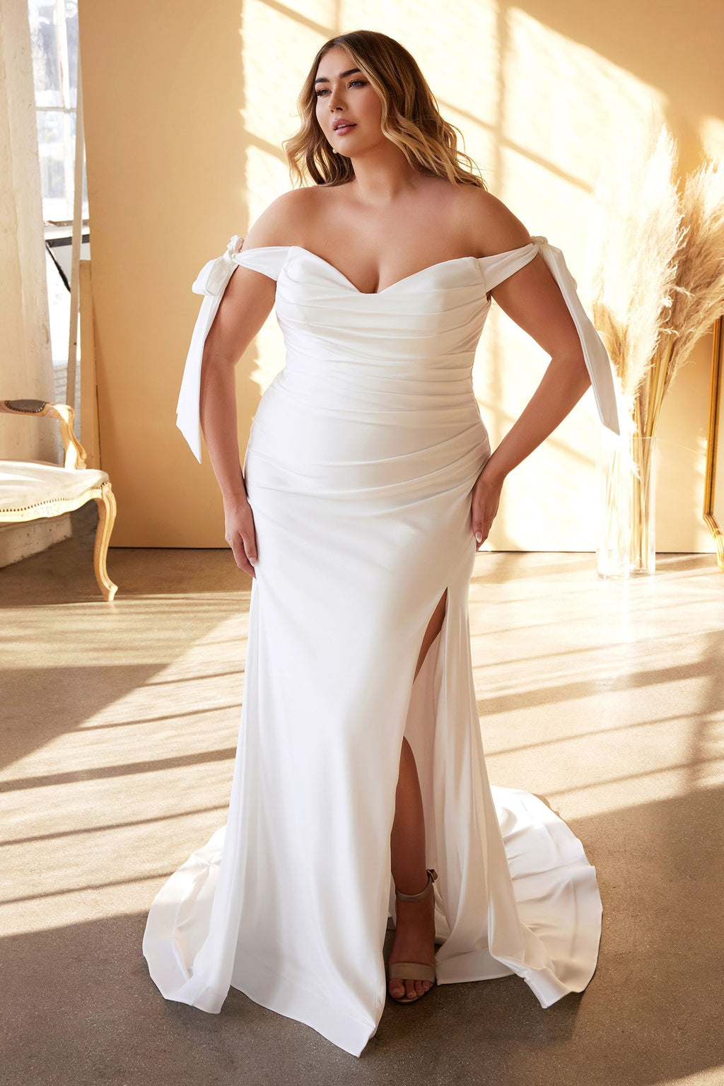 PLUS SIZE TIE SLEEVE PLEATED MERMAID GOWN CDCD944WC