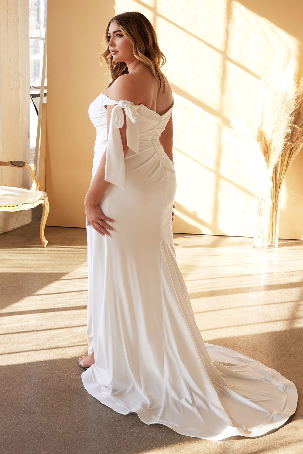 PLUS SIZE TIE SLEEVE PLEATED MERMAID GOWN CDCD944WC