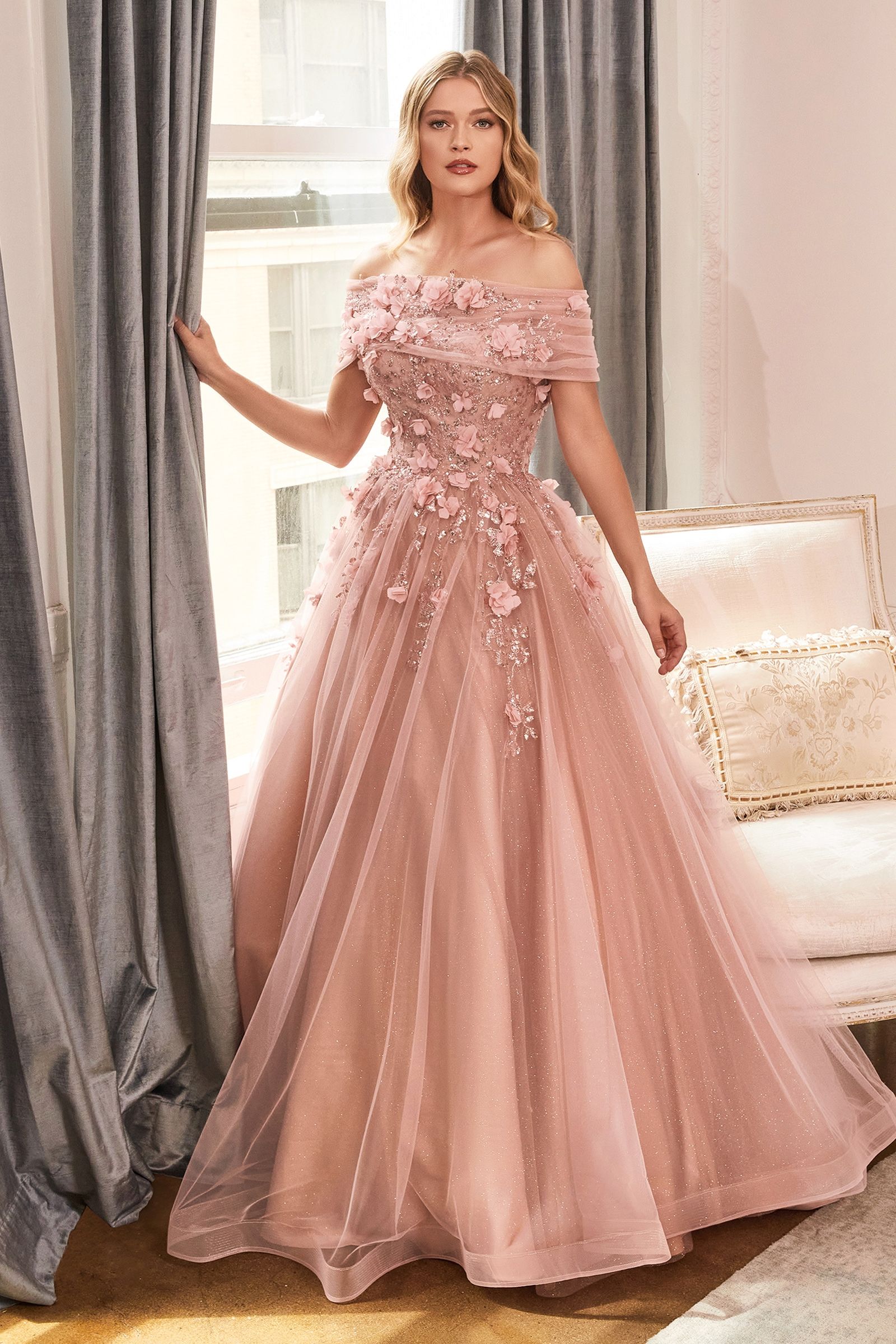 Strapless Glitter Sequin Tulle A-line Detachable Floral Shawl Embellished Long Prom
