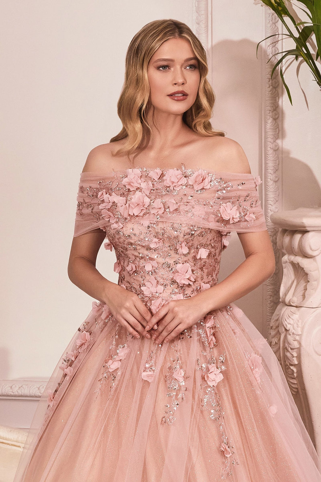 Strapless Glitter Sequin Tulle A-line Detachable Floral Shawl Embellished Long Prom