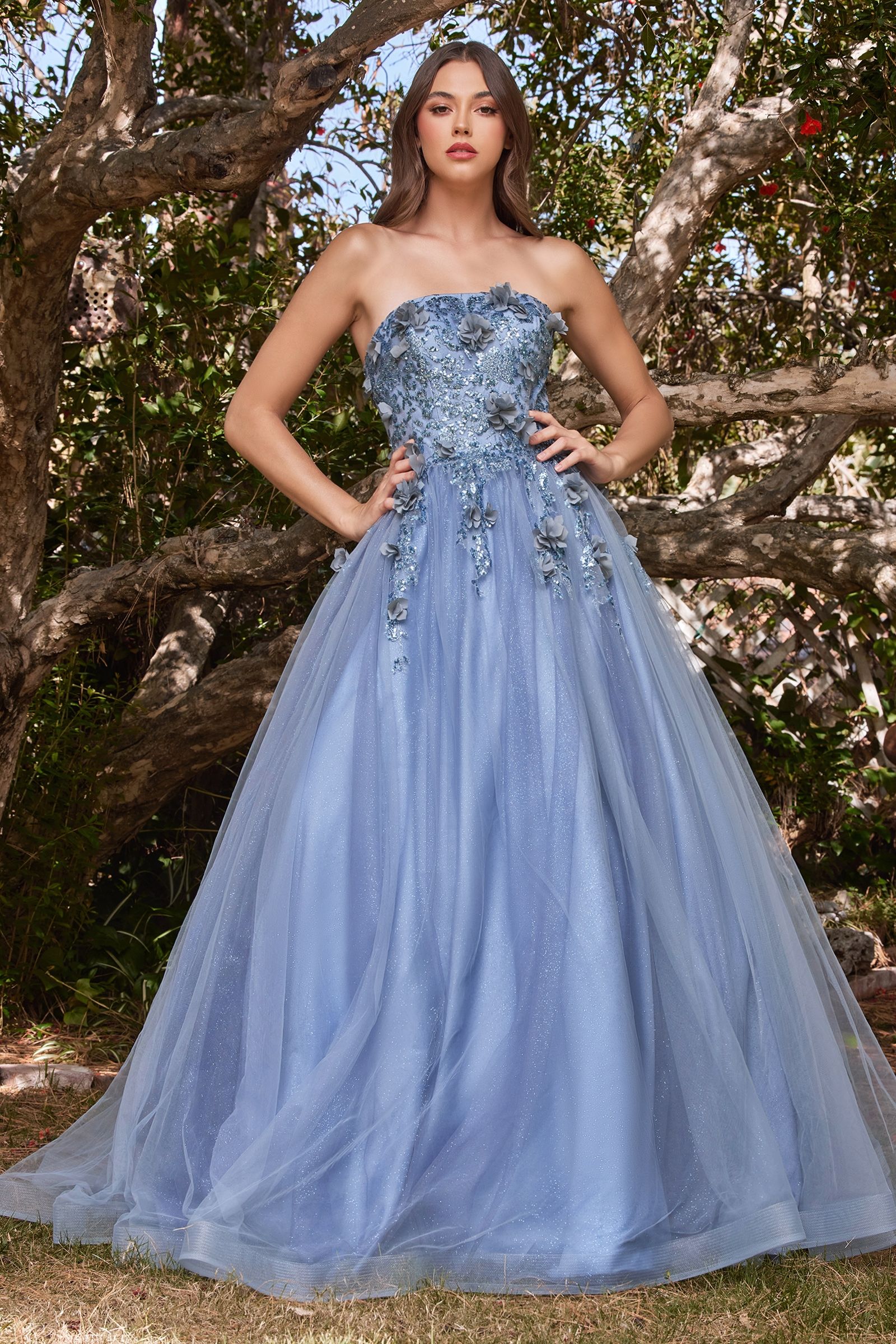 Strapless Glitter Sequin Tulle A-line Detachable Floral Shawl Embellished Long Prom
