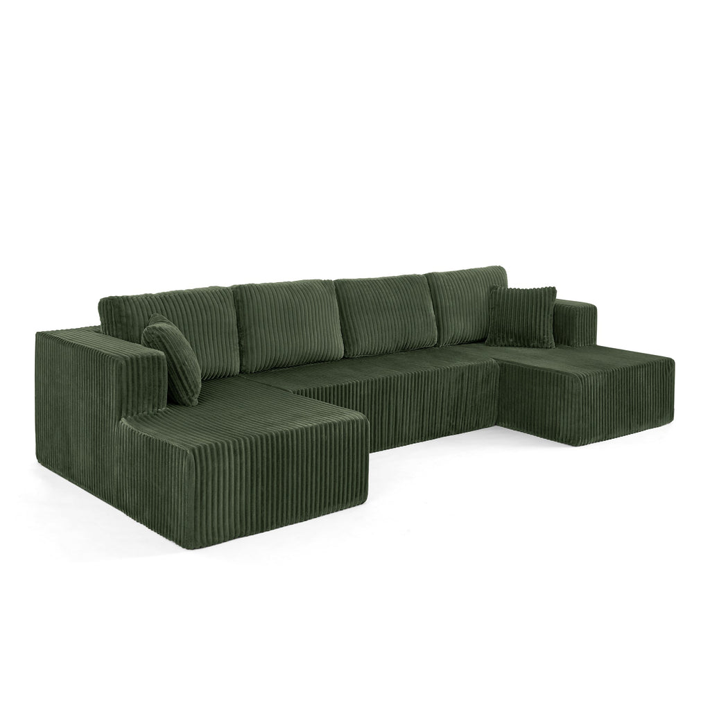 Modern Minimalist U Shape Modular Sectional Sofa Sleeper in Green Corduroy with Foam Filling