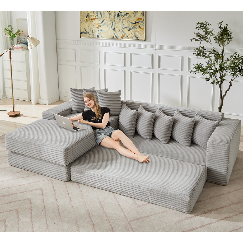[NEW ARRIVED] [VIDEO PROVIDED]   Oversize Cloud Couch, L-Shape Sofa, Convertible Floor Sleeper Sofa Bed,  No Assembly ,Eight pillows,3-in-1,Side Pocket,(Left Facing Sofa),3 Seat,Corduroy,Light Gray