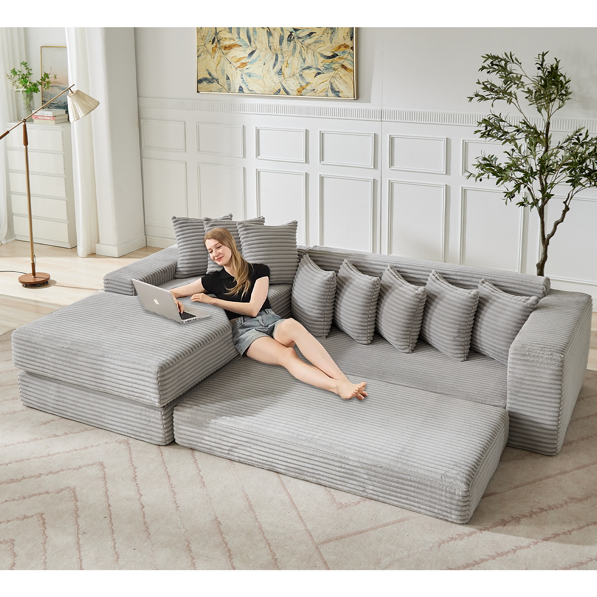 [NEW ARRIVED] [VIDEO PROVIDED]   Oversize Cloud Couch, L-Shape Sofa, Convertible Floor Sleeper Sofa Bed,  No Assembly ,Eight pillows,3-in-1,Side Pocket,(Left Facing Sofa),3 Seat,Corduroy,Light Gray