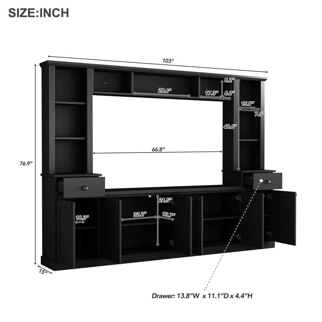 Minimalist Entertainment Wall Unit Set with Bridge for TVs Up to 75'', Ample Storage Space TV Stand with Adjustable Shelves, Modernist Large Media Console for Living Room, Black