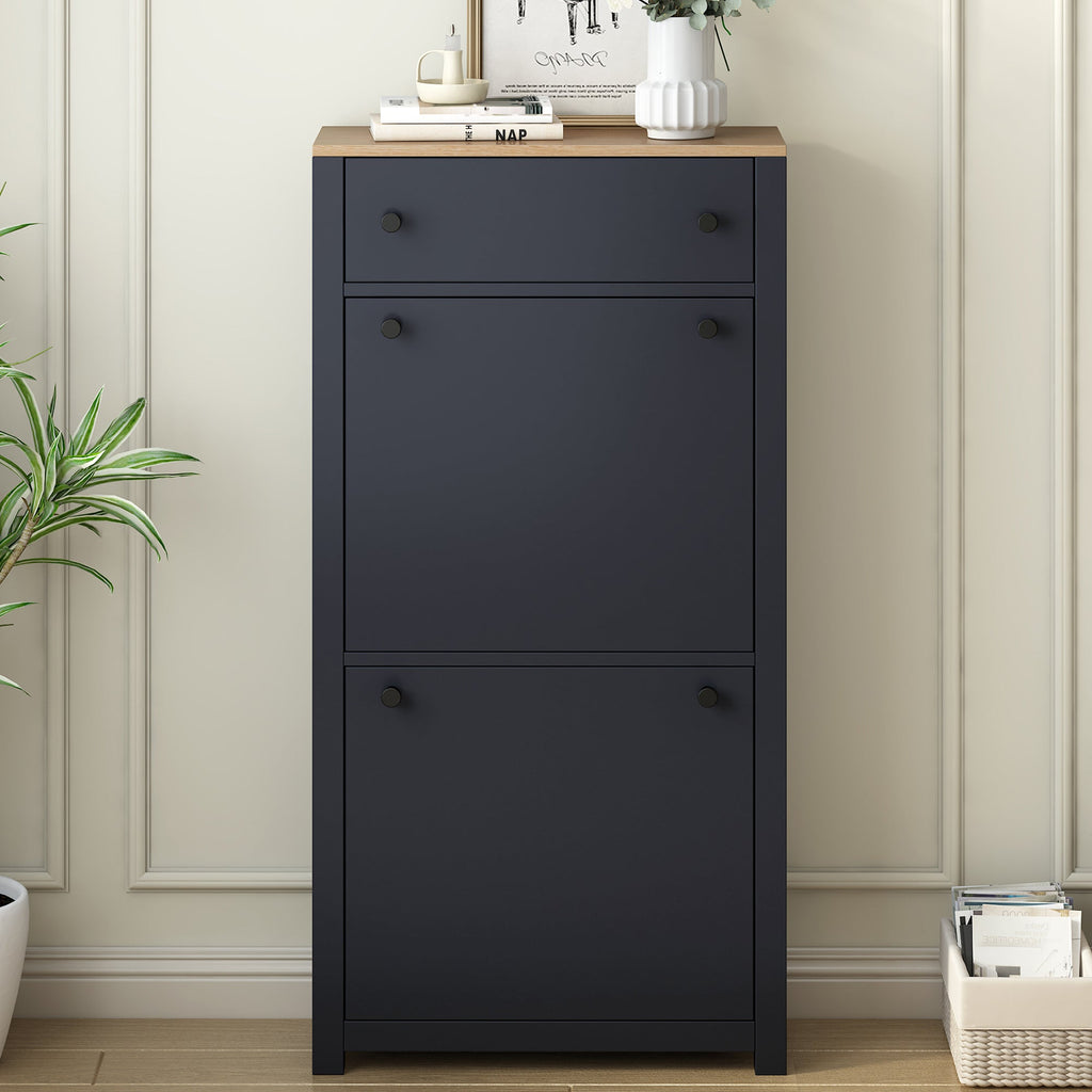 ON-TREND Functional Entryway Organizer with 2 Flip Drawers, Wood Grain Pattern Top Shoe Cabinet with Drawer, Free Standing Shoe Rack with Adjustable Panel for Hallway, Black