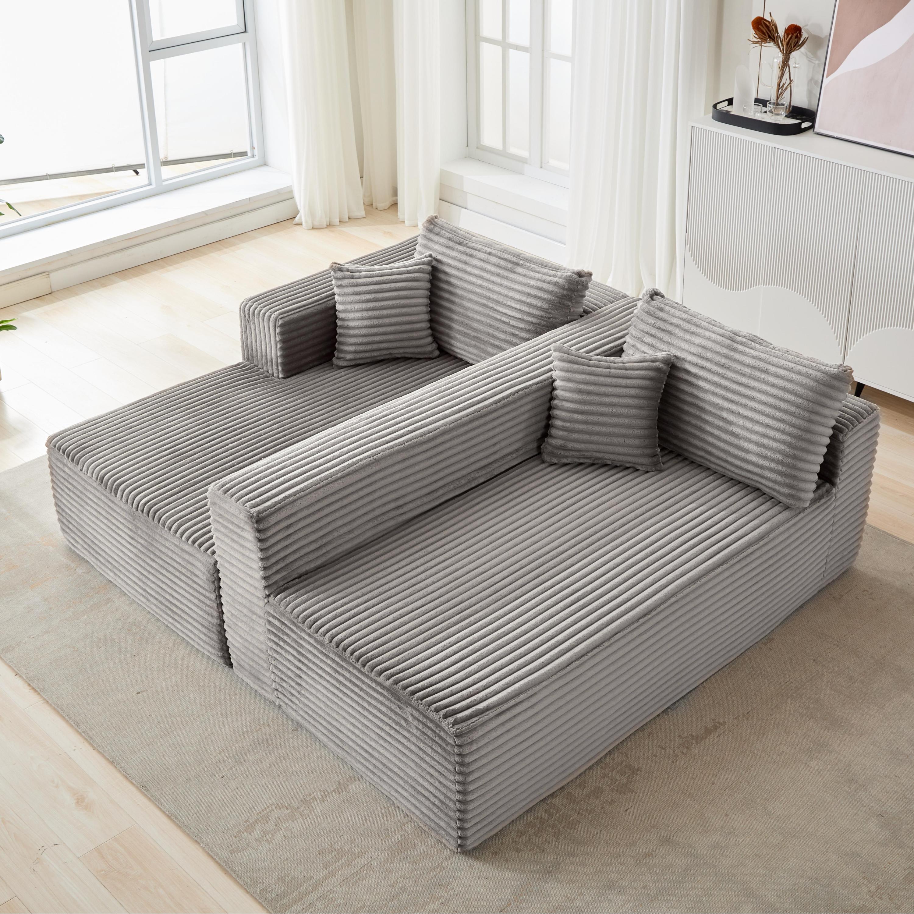 Compression Sectional Couch with Comfy Chaise, Boneless L Shape Sofa with Deep Seat, Minimalist Modular Couches Sleeper for Living Room Bedroom Apartment Lounge,corduroy,Grey