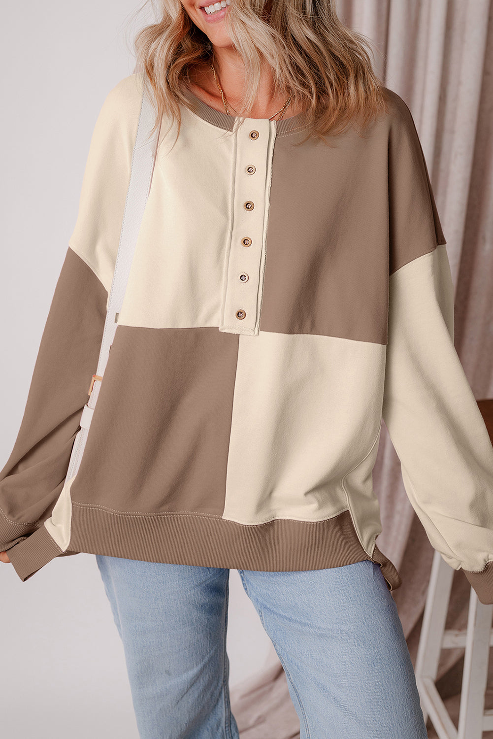 Colorblock Crewneck Henley Sweatshirt