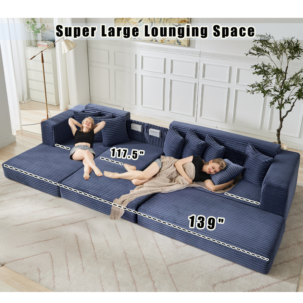 [NEW ARRIVED] [VIDEO PROVIDED]   Oversize Cloud Couch, L-Shape Sofa, Convertible Floor Sleeper Sofa Bed,  No Assembly ,Eight  pillows,3-in-1,Side Pocket,(Left Facing Sofa),3 Seat,Corduroy,Blue