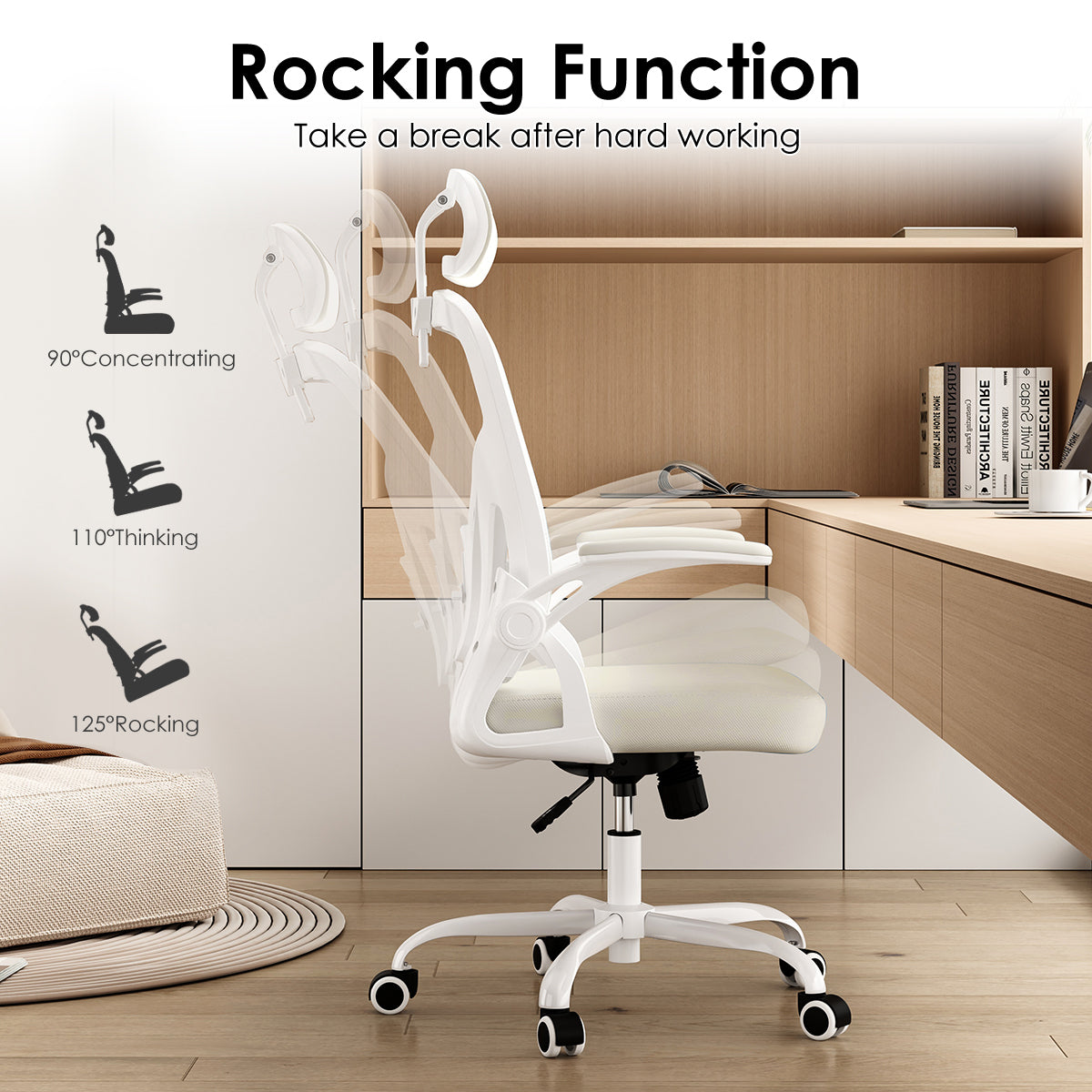 Ergonomic Office Chair, Home Office Desk Chair with Headrest, High Back Computer Chair with Armrests and Adjustable Lumbar Support for Home Office Study Room,White & White