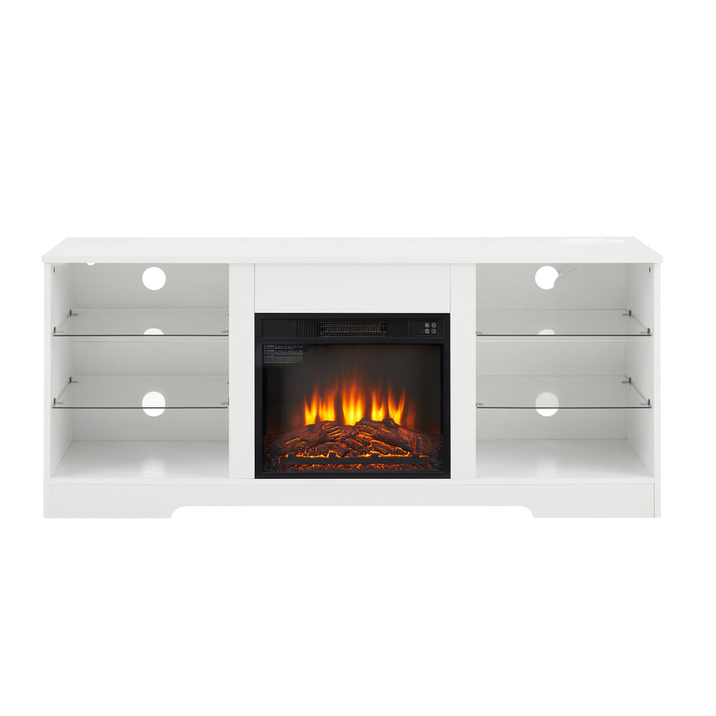 TV Stand Electric Fireplace  Glass Shelves, 3D Fireplace TV Stand with LED Lights Wood with USB Charging Outlet Modern Television Table Center for TV up to 62' White, 58''W*15.5''D*24.4