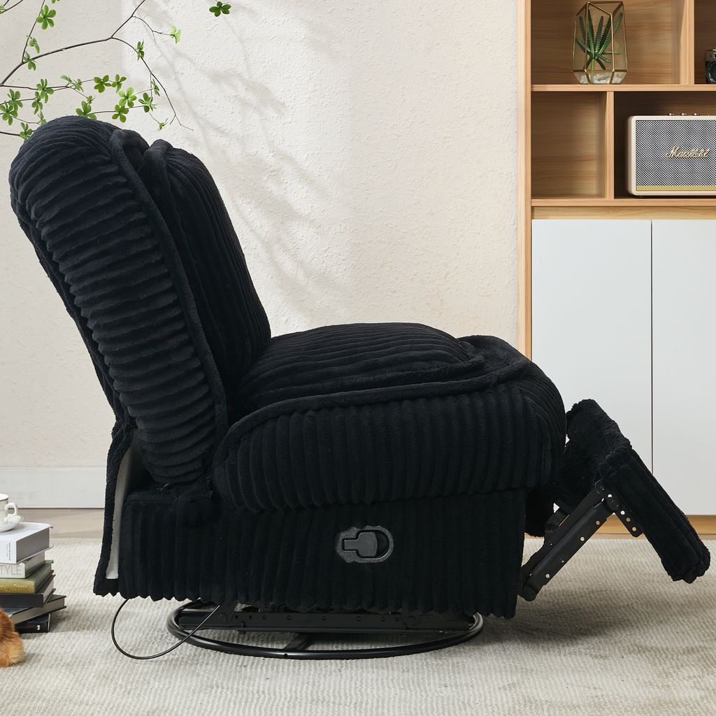 [NEW ARRIVED] 360° Swivel Rocking Single Sofa,Recliner Sofa, Manual Glider Rocking Armless Chair,Living Room Office, With Adjustable Backrest and Footrest and pillows, Small Spaces,Corduroy , Black