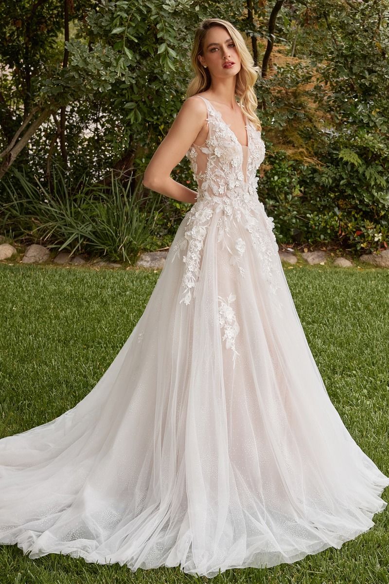 A-Line Open V-Back Removable Sheer Sleeves Long Wedding Dress CDCDS436W