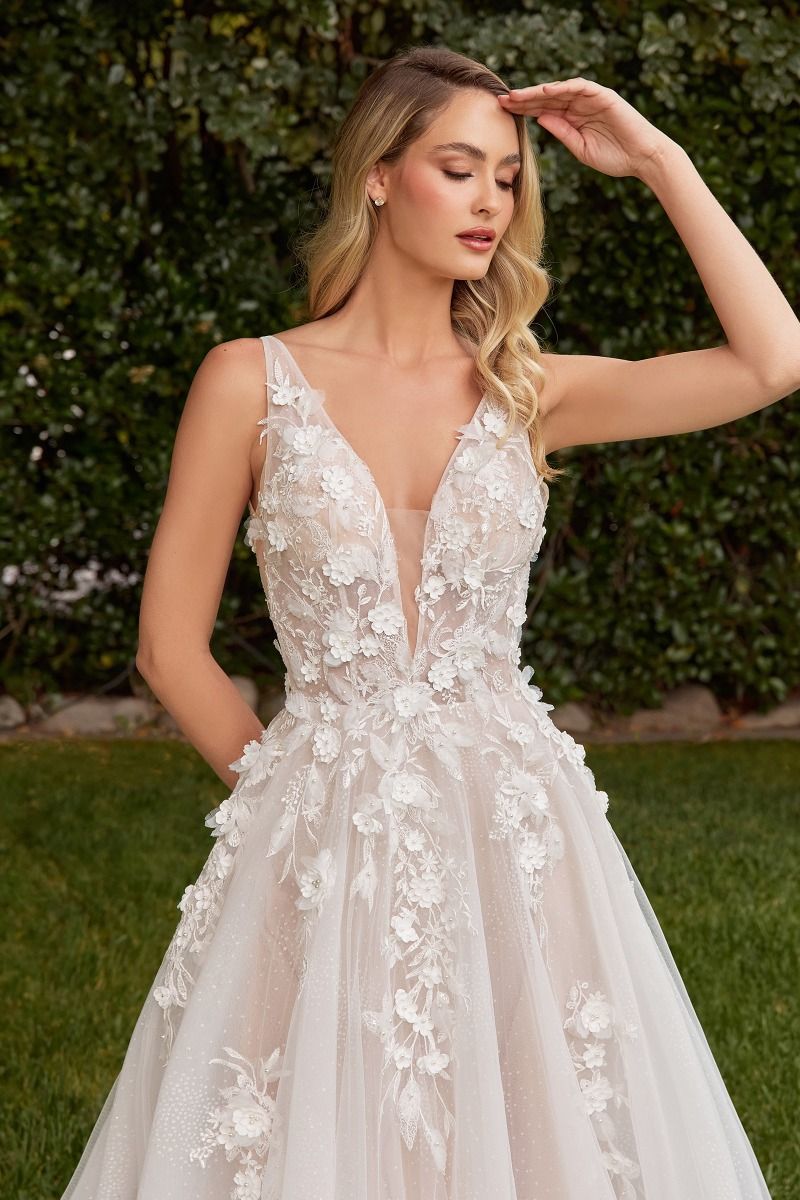 A-Line Open V-Back Removable Sheer Sleeves Long Wedding Dress CDCDS436W