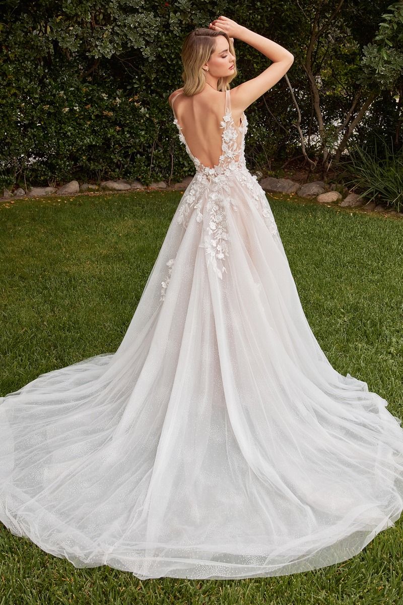 A-Line Open V-Back Removable Sheer Sleeves Long Wedding Dress CDCDS436W