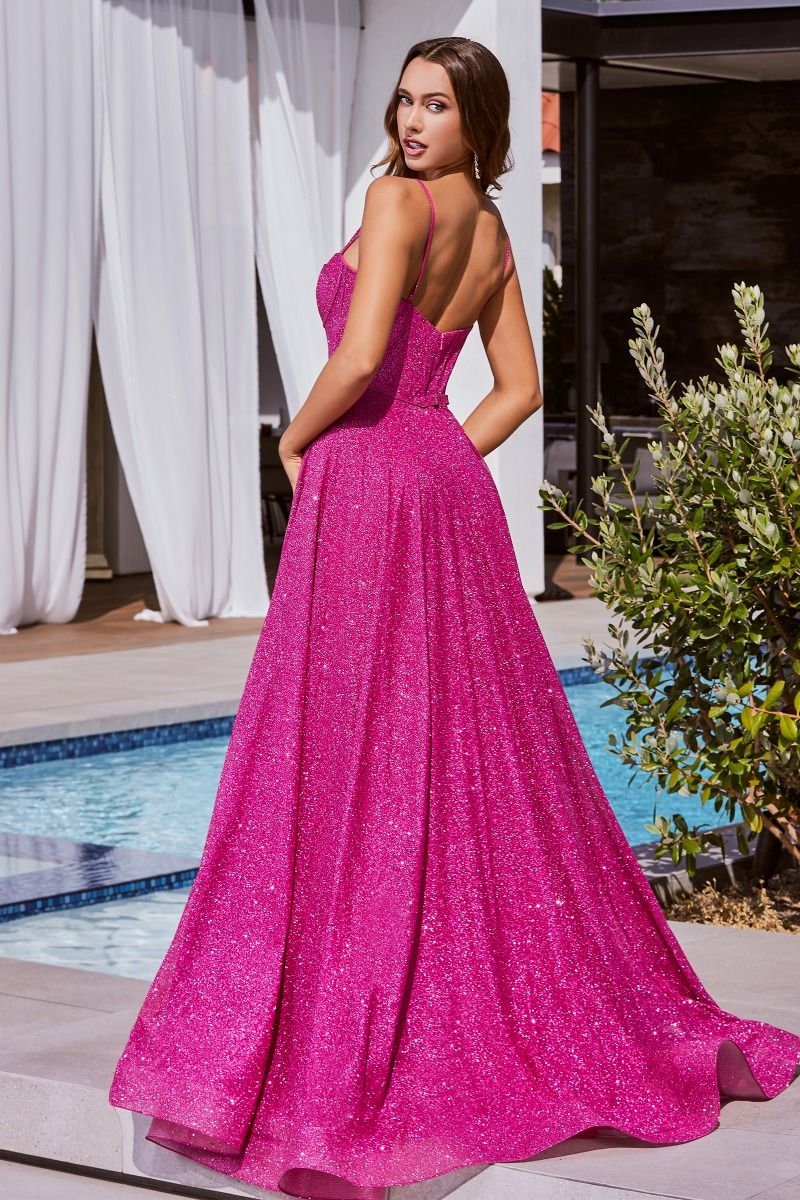 Hot Pink, Sky Blue | Glitter A-Line Gown with Corset Bodice & Spaghetti Straps  CDCDS483