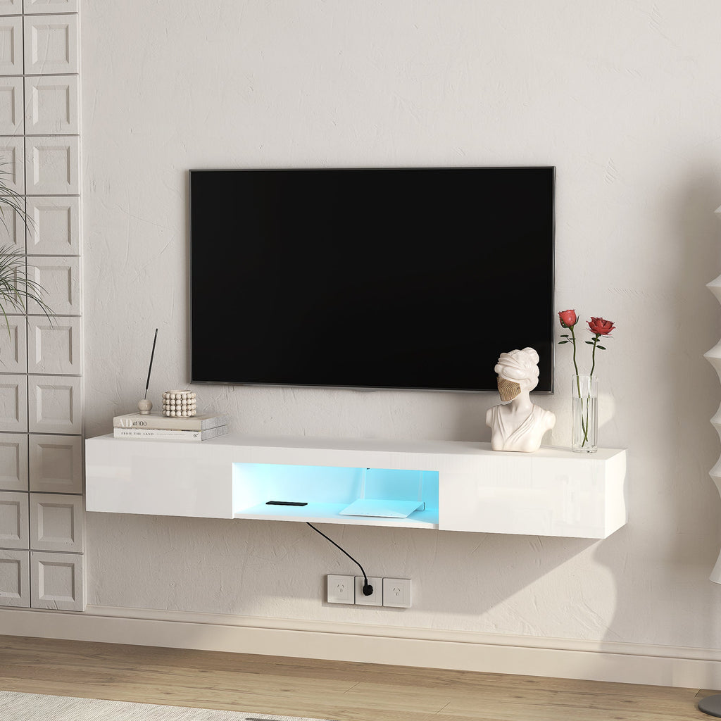 Floating TV Stand Wall Mounted with 16 Color LEDs,63' Modern TV Stand,Floating TV Cabinet Entertainment Center for 55 60 65 Inch TV,White