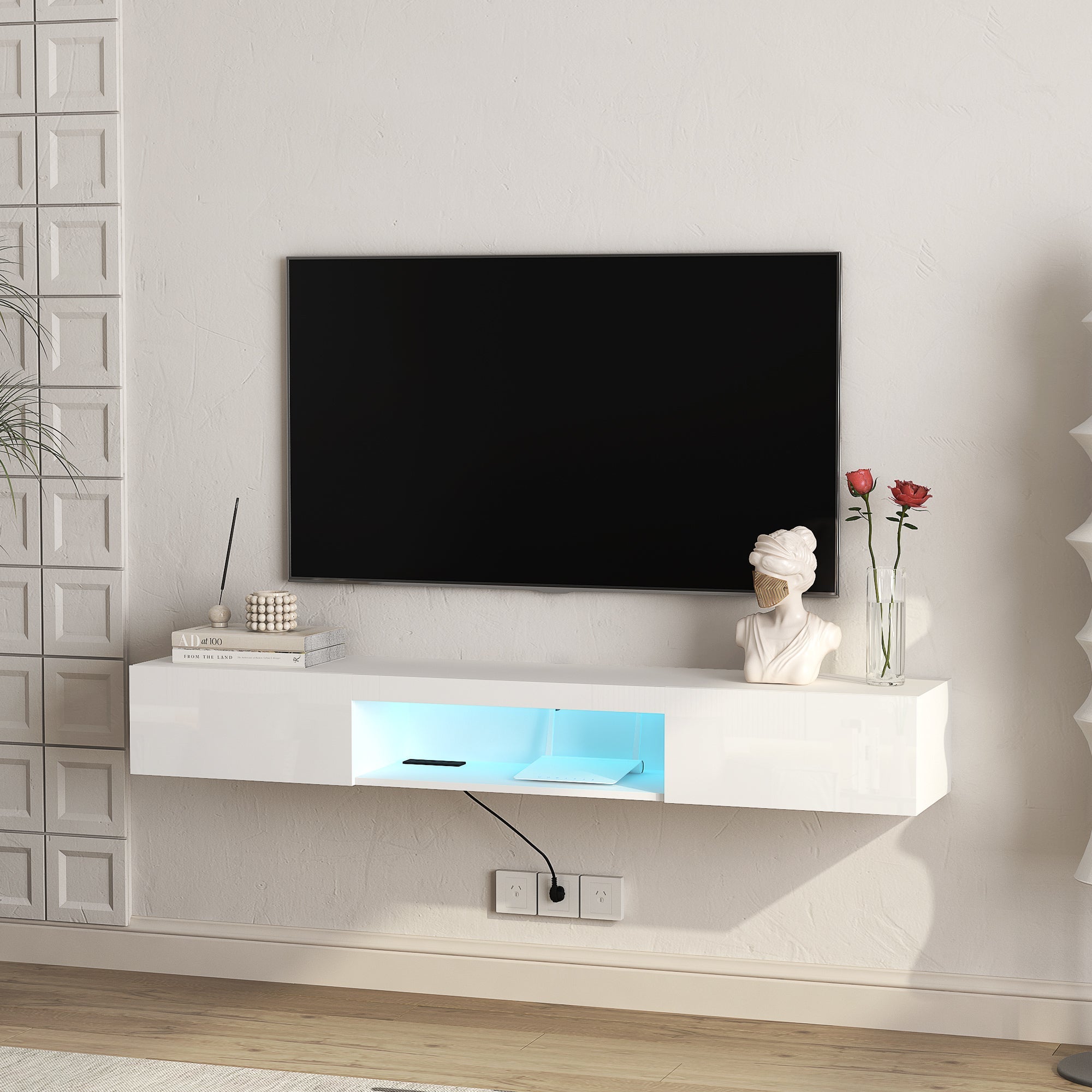 Floating TV Stand Wall Mounted with 16 Color LEDs,63' Modern TV Stand,Floating TV Cabinet Entertainment Center for 55 60 65 Inch TV,White
