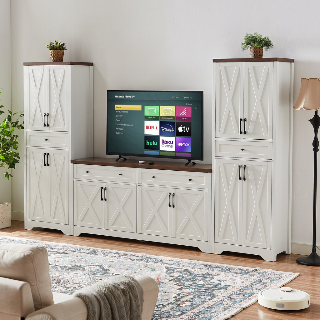 TV Cabinet Set Multifunctional TV Wall, One TV Cabinet and Two Sideboards for Living Room, 108.7''L x 15''W x 68''H.