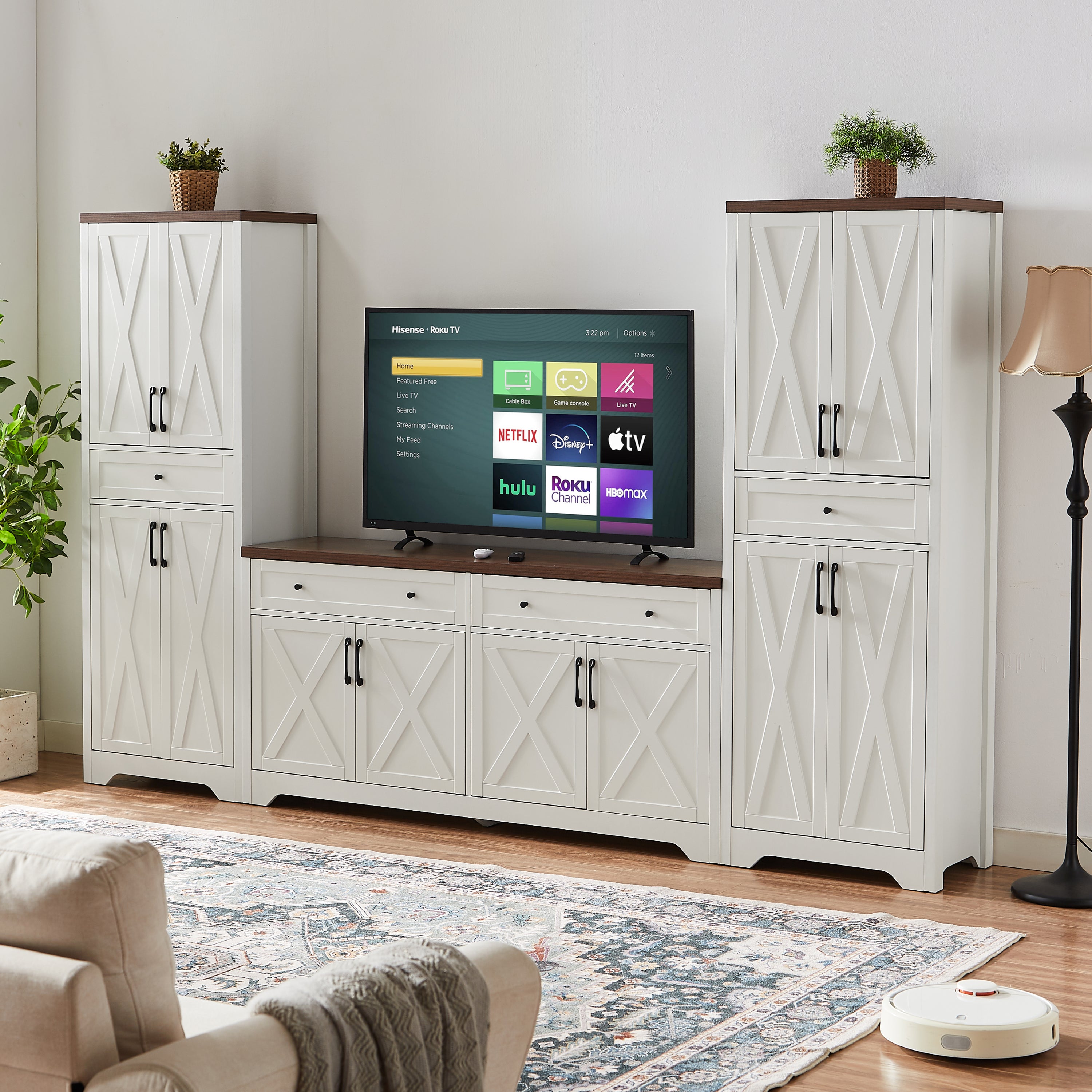 TV Cabinet Set Multifunctional TV Wall, One TV Cabinet and Two Sideboards for Living Room, 108.7''L x 15''W x 68''H.
