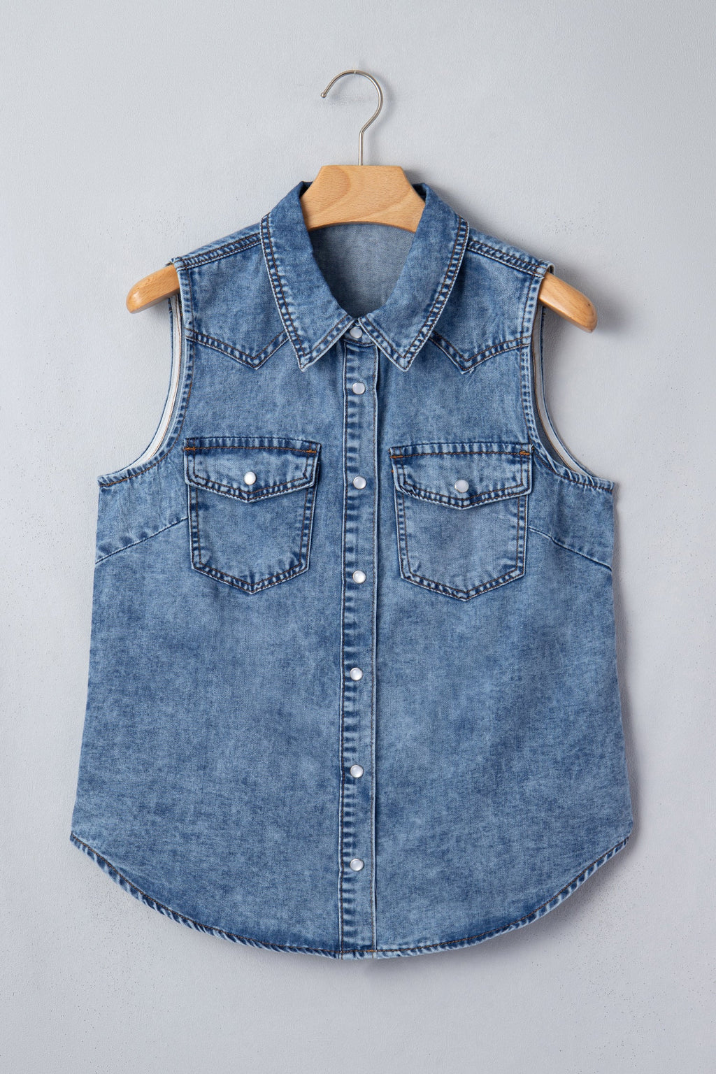 Denim Button Front Collared Sleeveless Vest