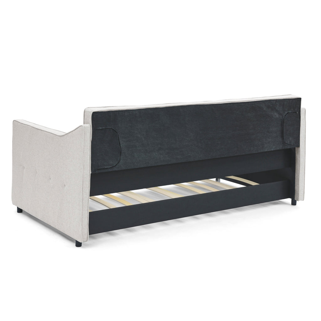 Twin Size Daybed with Twin Size Trundle Upholstered Tufted Sofa Bed,  Waved Shape Arms, Beige (80.5'x44.5'x33.5')