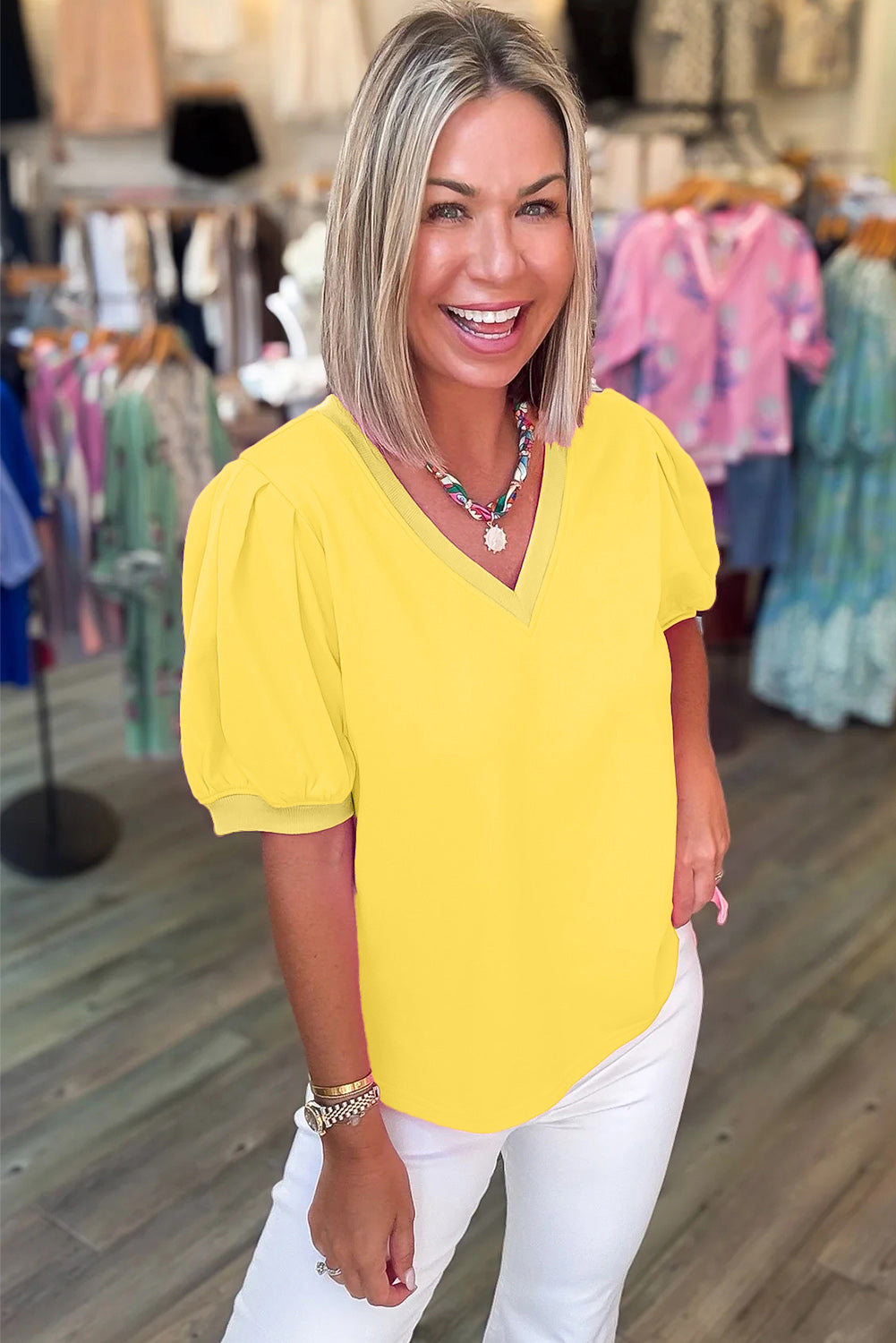 Solid V-Neck Short Puff Sleeve Blouse
