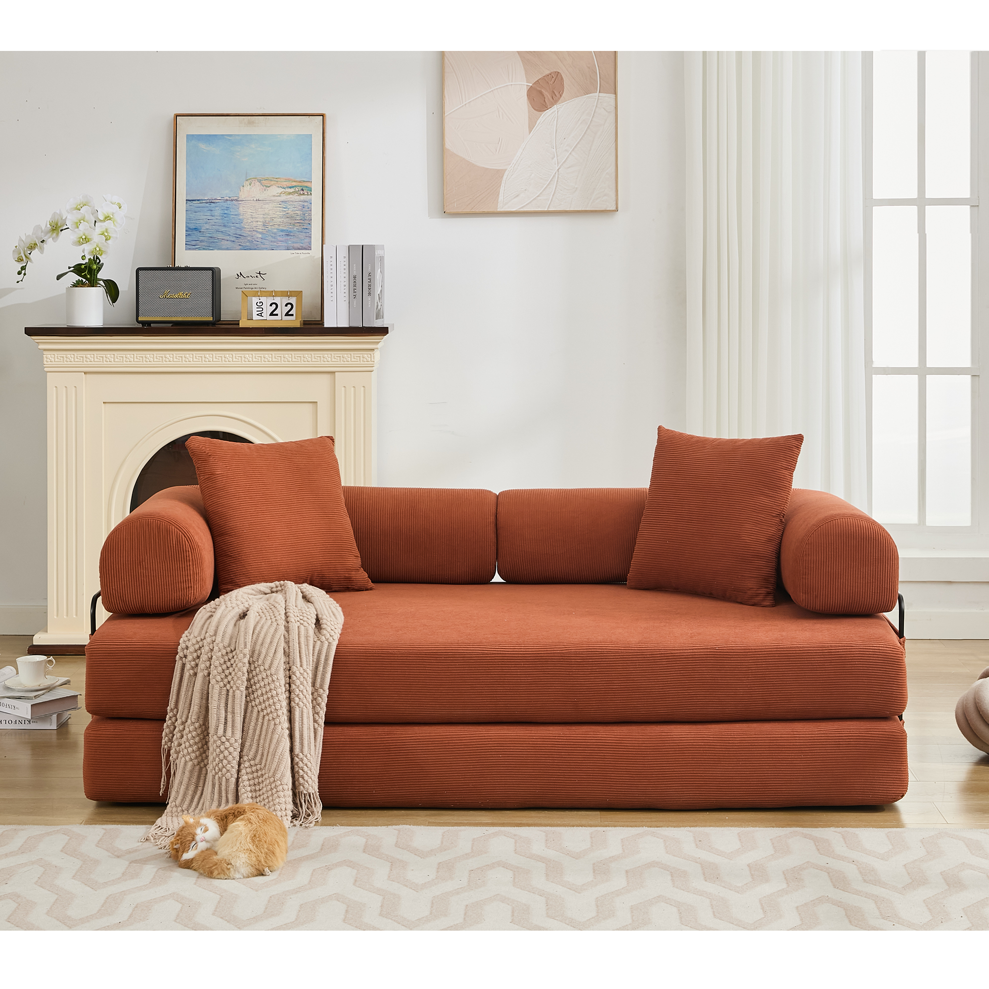 [NEW ARRIVED] [VIDEO PROVIDED] 78.5' Folding Convertible Out Sleeper Sofa Bed,4-in-1 DIY Combination Convertible Sofa, 3 seat, Folding Sleeper Sofa, King Size , Bedroom,Apartment,Corduroy,Orange
