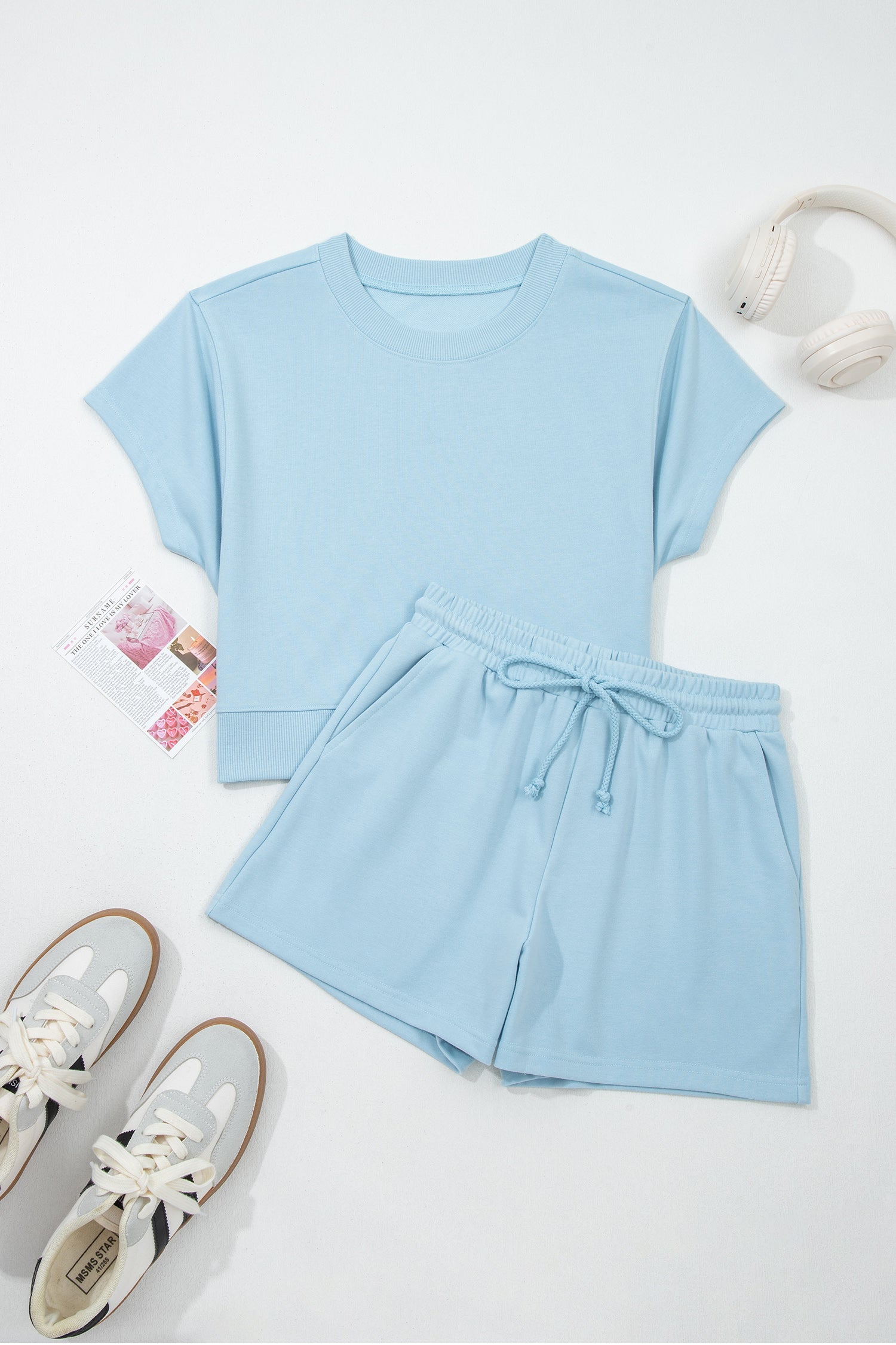 Solid Loose Tee & Drawstring Shorts Set