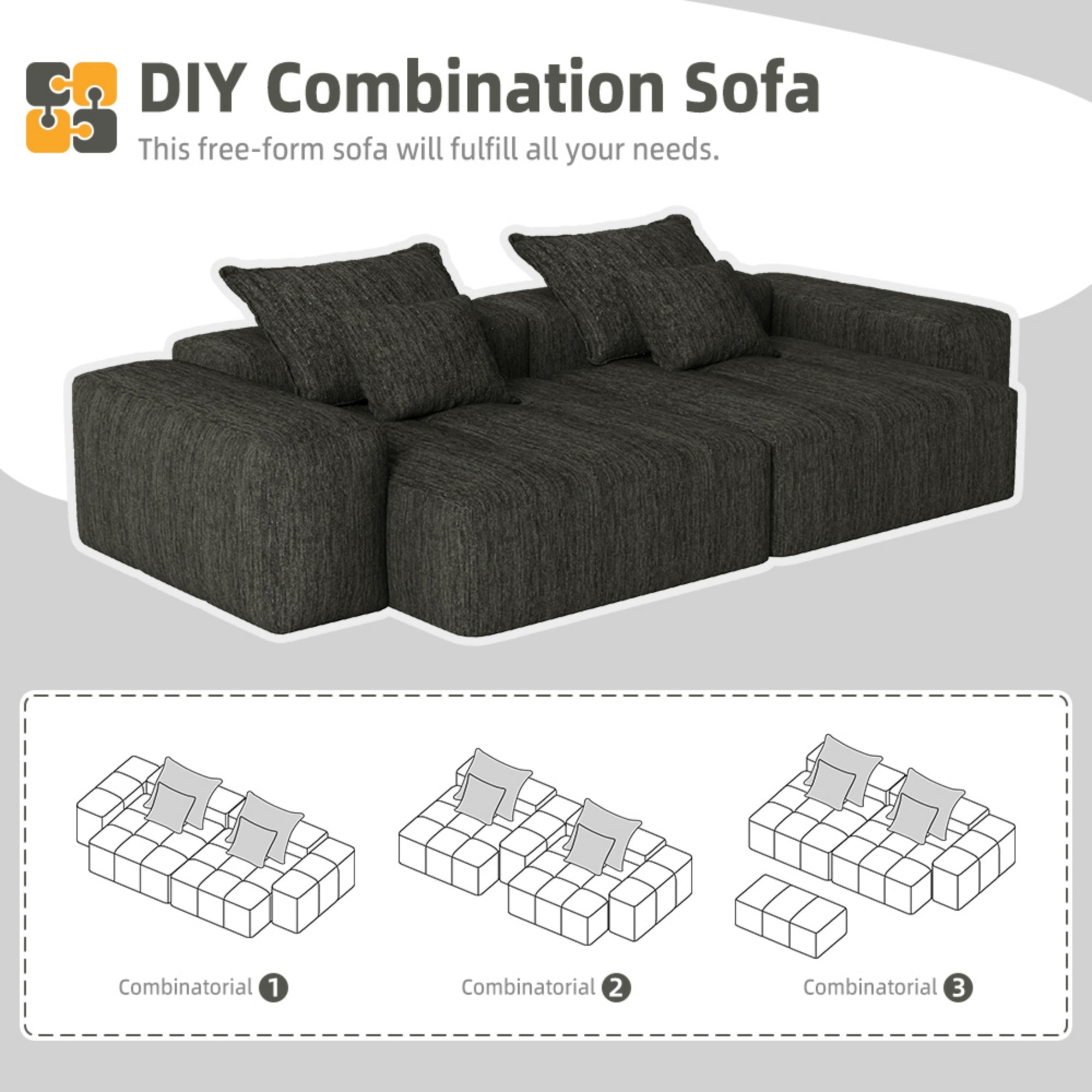 Modern Oversized Modular Sectional Sofa with 2 Chaise Lounge and 2 Armrest, Sparkling Chenille Fabric Soft Cushion Sofa with 4 Pillows, 4 PCS DIY Combination Tufted Sofa, No Assembly Required, BLACK