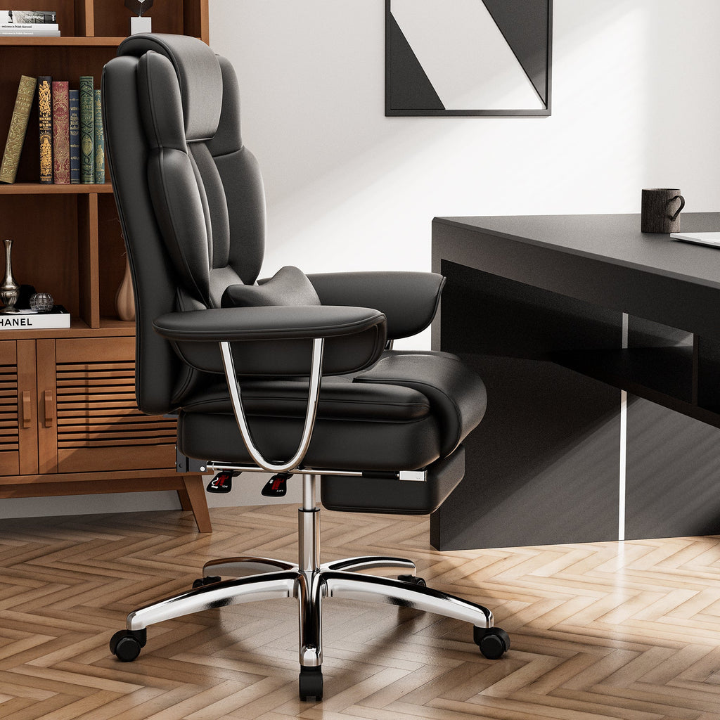 Office Chair, Big and Tall Executive Office Chair with Footrest, Leather Computer Chair, Ergonomic Reclining Chair High Back, Large Home Office Chair (Black)