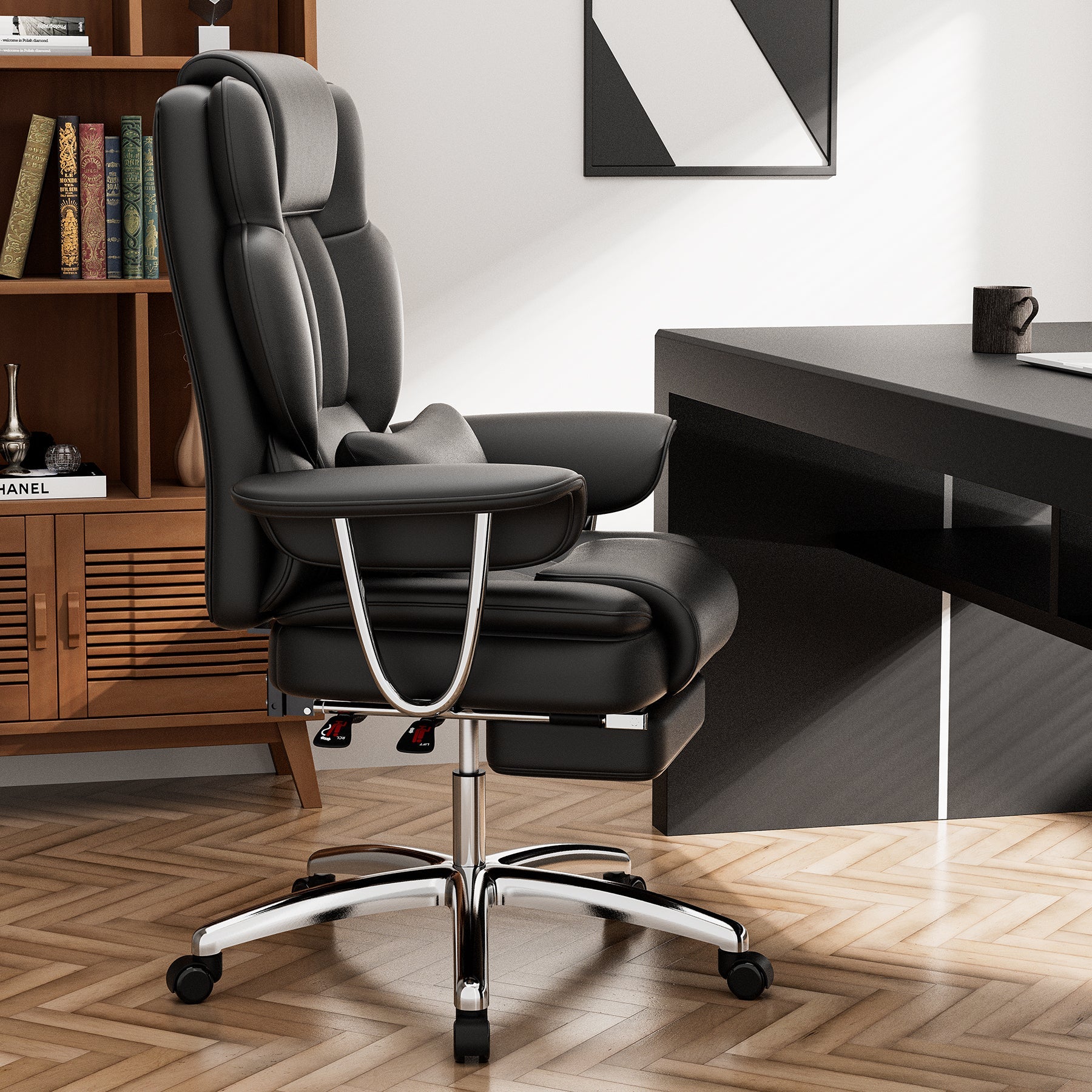 Office Chair, Big and Tall Executive Office Chair with Footrest, Leather Computer Chair, Ergonomic Reclining Chair High Back, Large Home Office Chair (Black)