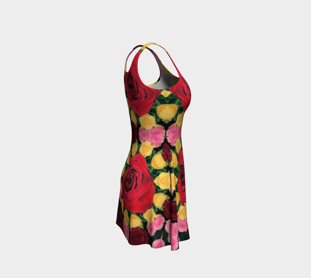 Women's Red and Yellow Roses Flared Bottom Mini Dress