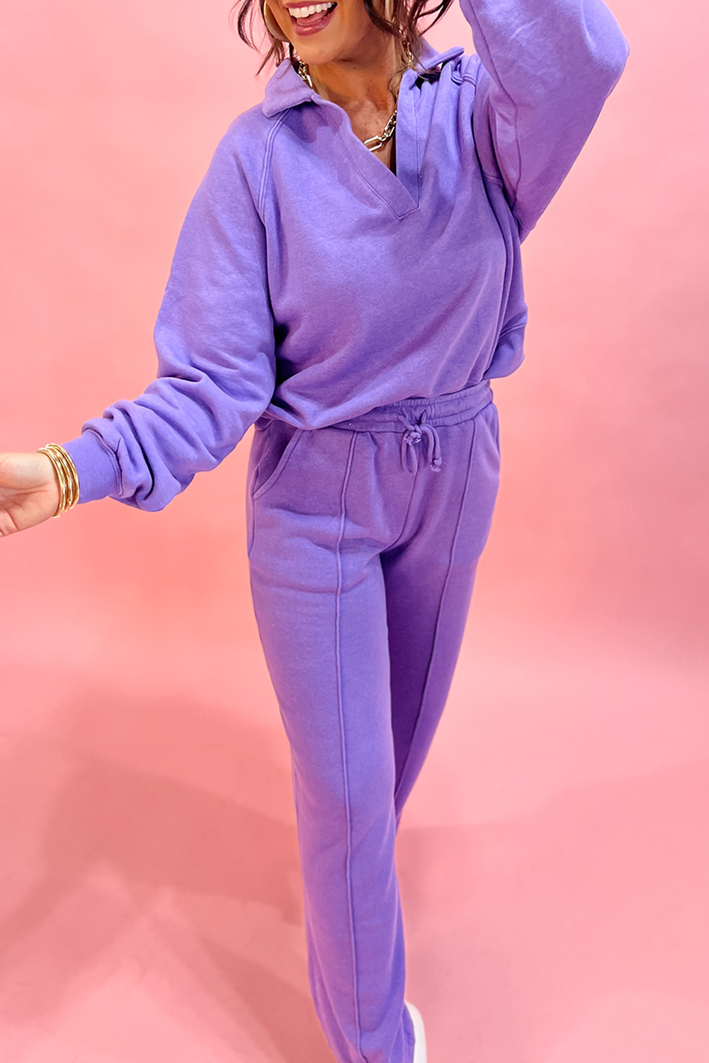 Solid Collared Top and Central Seam Pants Set