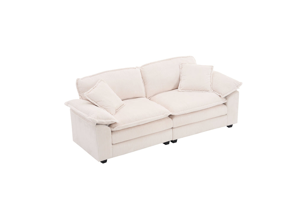 Corduroy 2-seats sofa With 2 back pillows,2 toss pillows and two ottoman,Comfy Sofa- Deep Seat Couch for Living Room,White