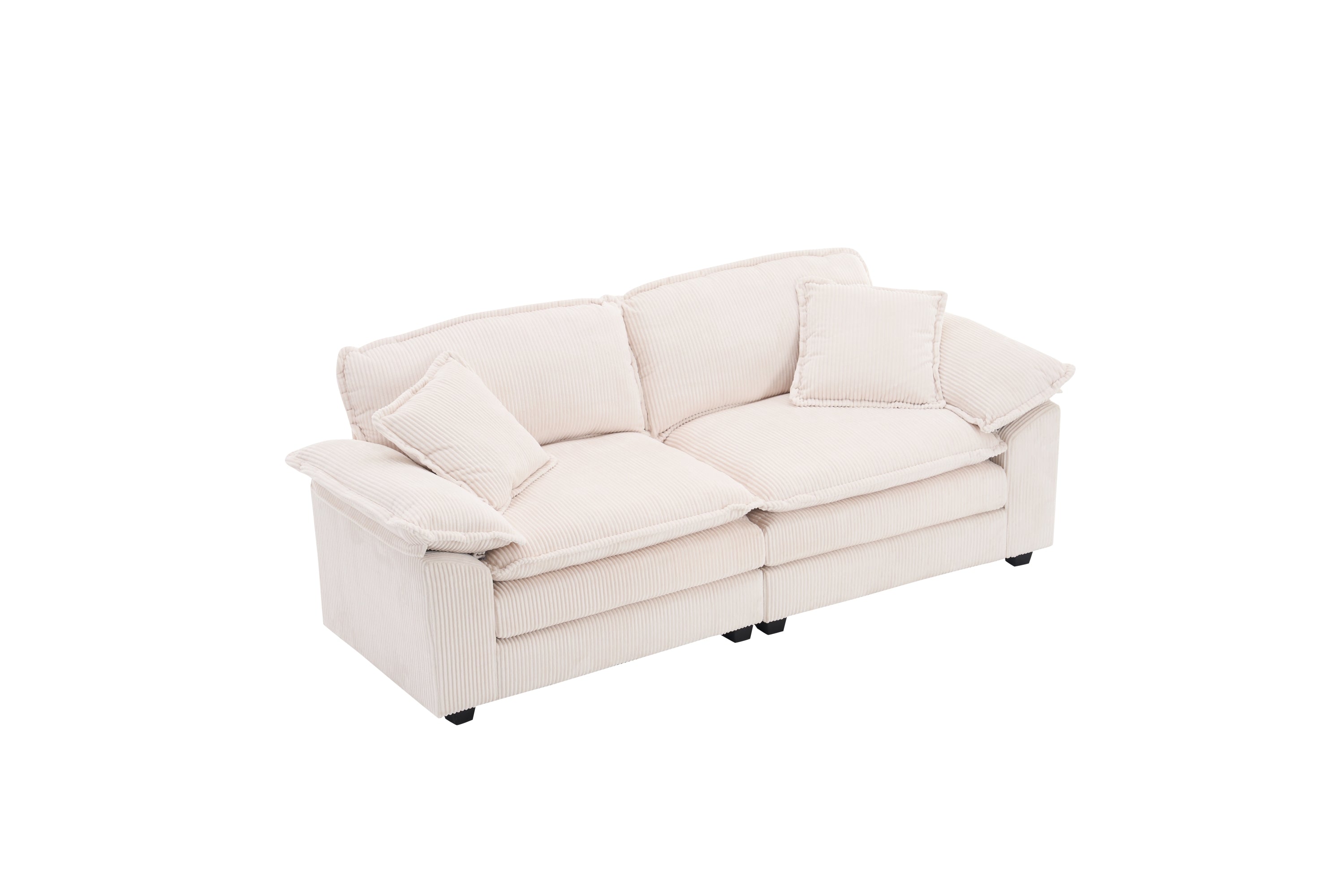 Corduroy 2-seats sofa With 2 back pillows,2 toss pillows and two ottoman,Comfy Sofa- Deep Seat Couch for Living Room,White
