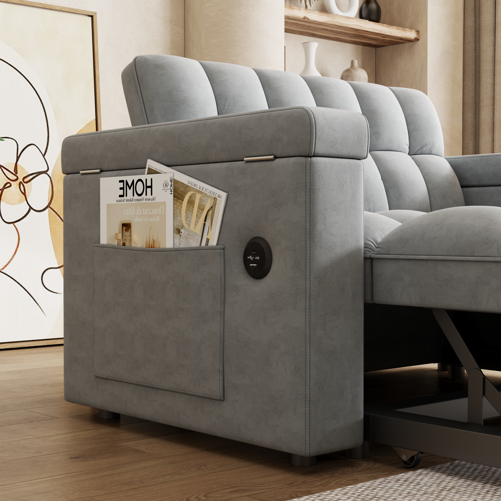 65-inch 3-in-1 foldable large-sized computer desk sofa bed, modern velvet double sofa, sofa bed with adjustable backrest, storage bag and pillow, hidden living room laptop desk, with USB port