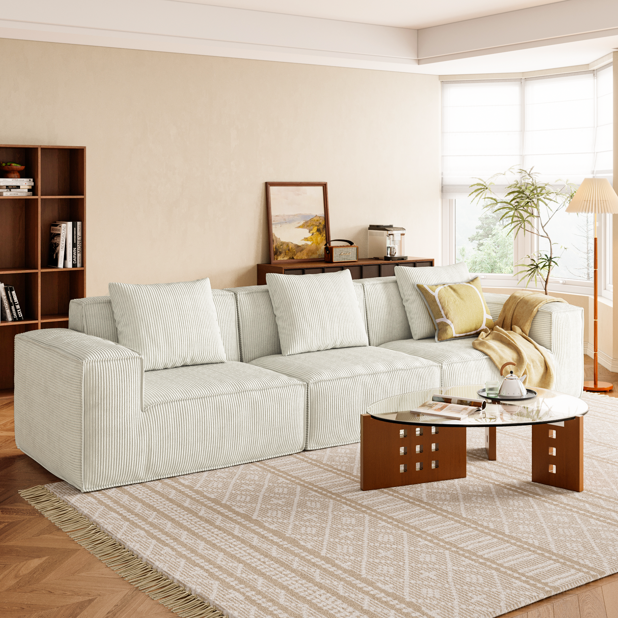 118-inch modular sofa can be converted into an oversized sofa bed  Free conversion sofa set flexible configuration, soft corduroy cloud velvet fabric Three-person combination white