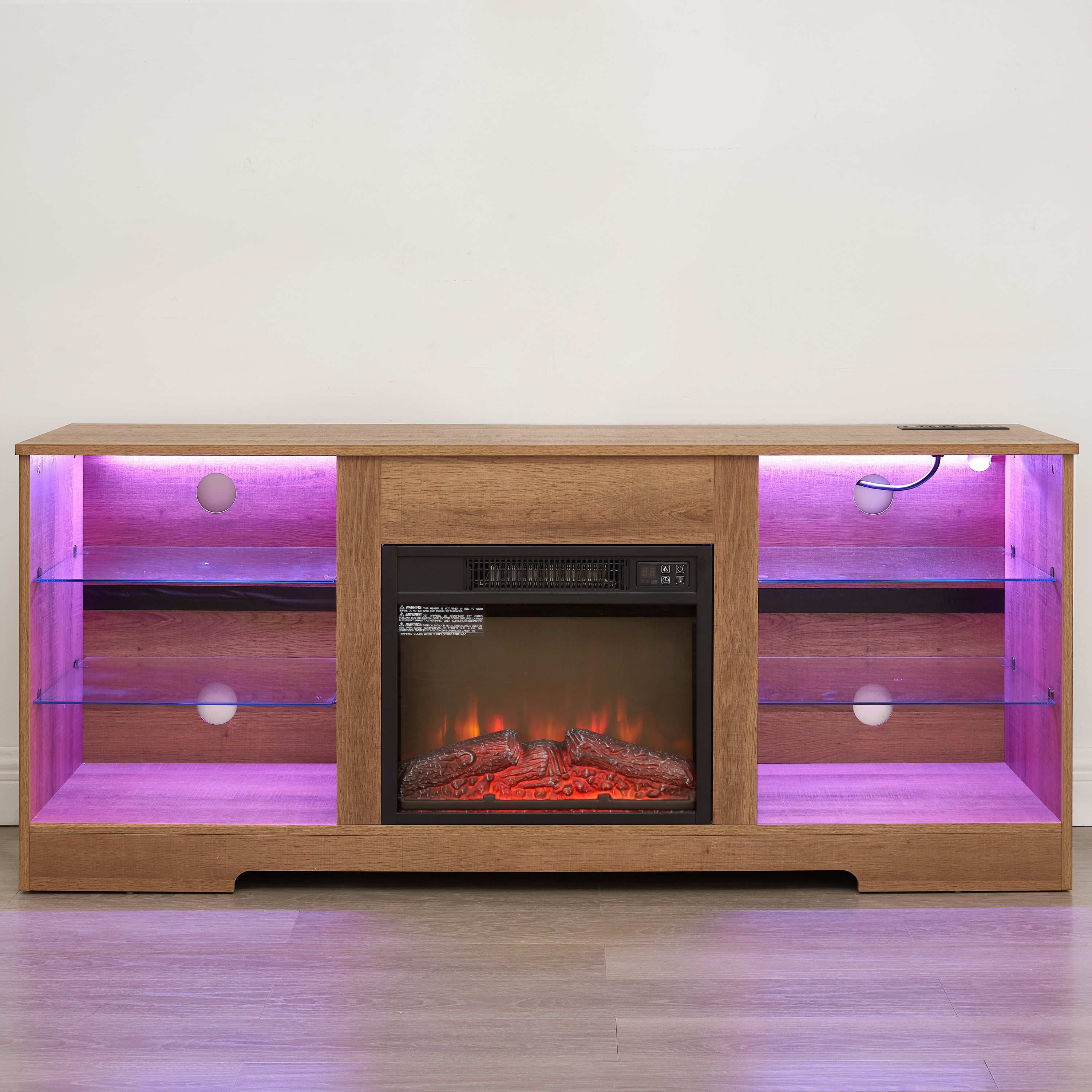 TV Stand Electric Fireplace TV Stand with Glass Shelves, 3D Fireplace TV Stand with LED Lights Wood with USB Charging Outlet Modern Television Table Center for TV up to 32-62' OAK 58'W*15.4''D*24.4