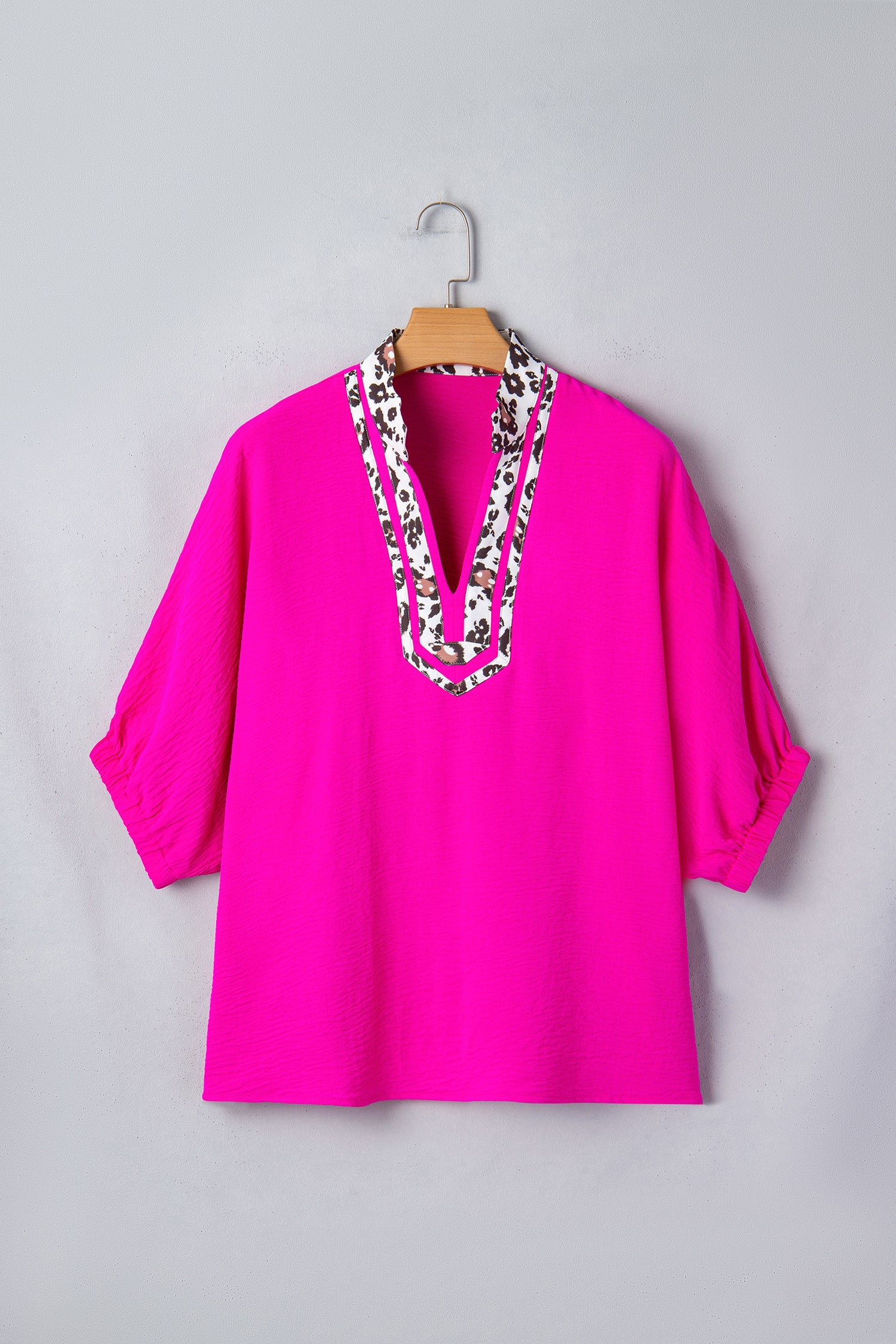 Leopard Patchwork Dolman Sleeve V-Neck Blouse